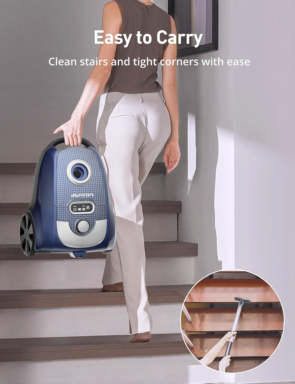 Bagged Canister Vacuum, Aspiron Canister Vacuum Cleaner, 3.5L, H13 HEPA Filter, 5 Cleaning Tools, Pet-Friendly Vacuum Cleaner for Carpets, Hardwood Floors, Stairs, Pet Hair, Household, Blue