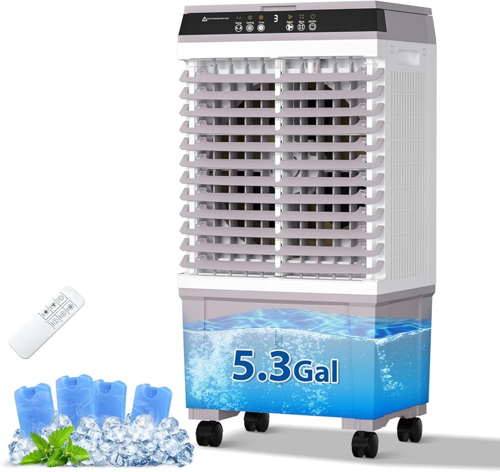 LifePlus Windowless Air Conditioner Evaporative Air Cooler Swamp Cooler 1800CFM Portable Cooling Fan with 4 Ice Packs, 12H Timer, Remote Control, 5.2 Gallon Water Tank for Indoor Patio