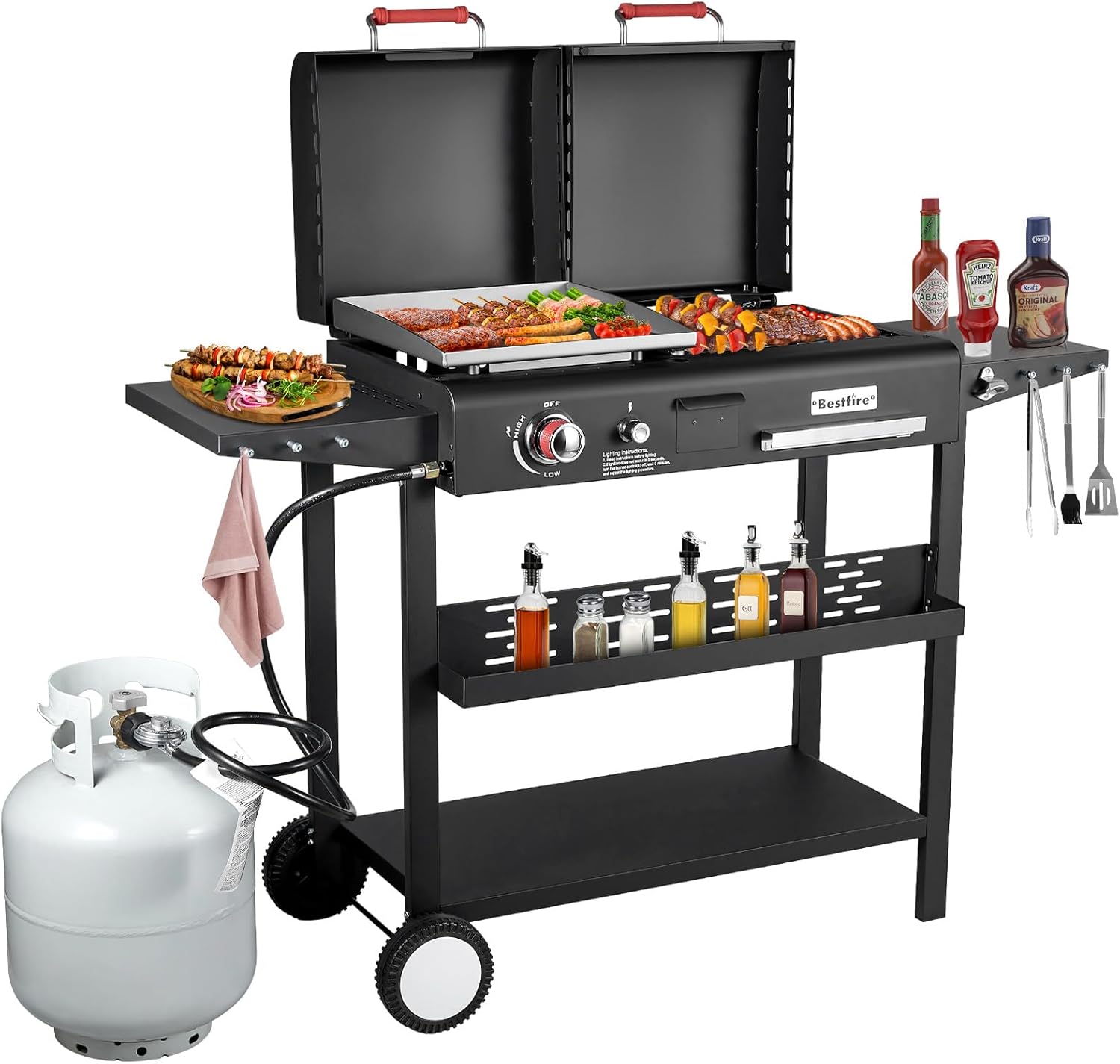 Bestfire Dual Fuel Propane Gas Charcoal Grill Combo Black Dual Lids, Flat Top Grill With 2 Side Shelves for BBQ, Outdoor and Backyard Cooking