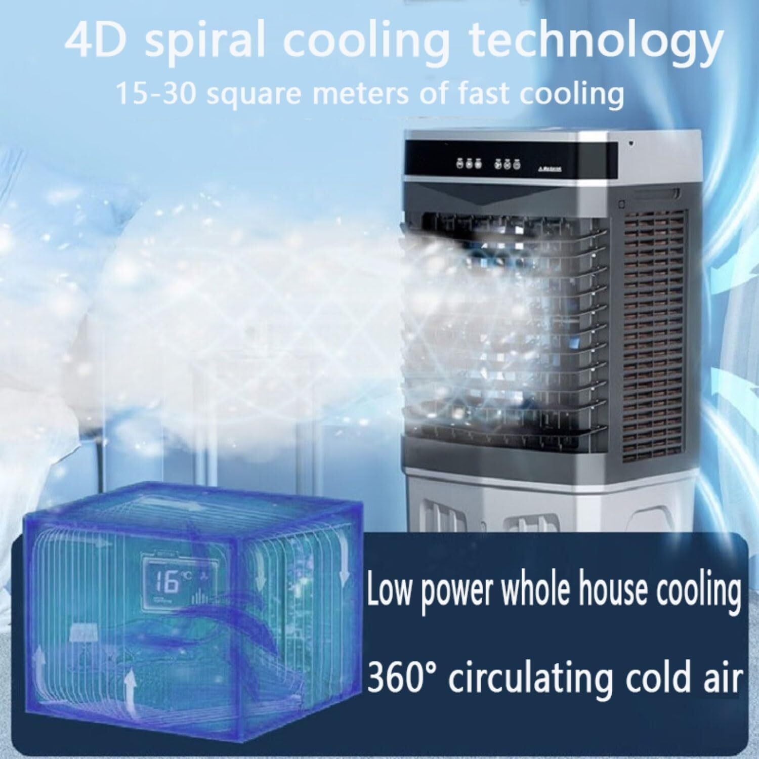 Portable Air Conditioner with 120° Oscillating Fan, 3 Speeds, 12-Hour Timer, Large Water Tank, No Hose Needed for Room/Office Cooling (120-150㎡)(67CM)