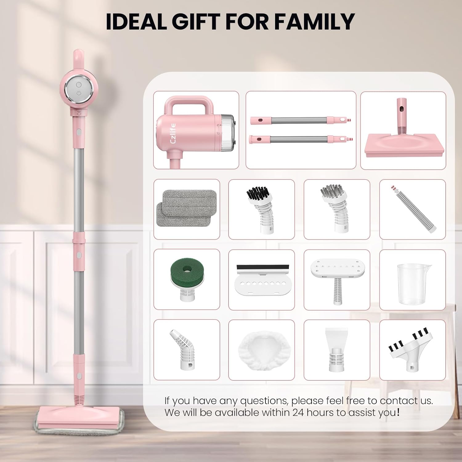 Z7 Steam Mop for Floor Cleaning, 13-in-1 Handheld Steam Cleaner for Home Tile Grout Hardwood Laminate Furniture Couch Clothes Carpet, Multi-Purpose Floor Steamer Machine, Corded (Pink)