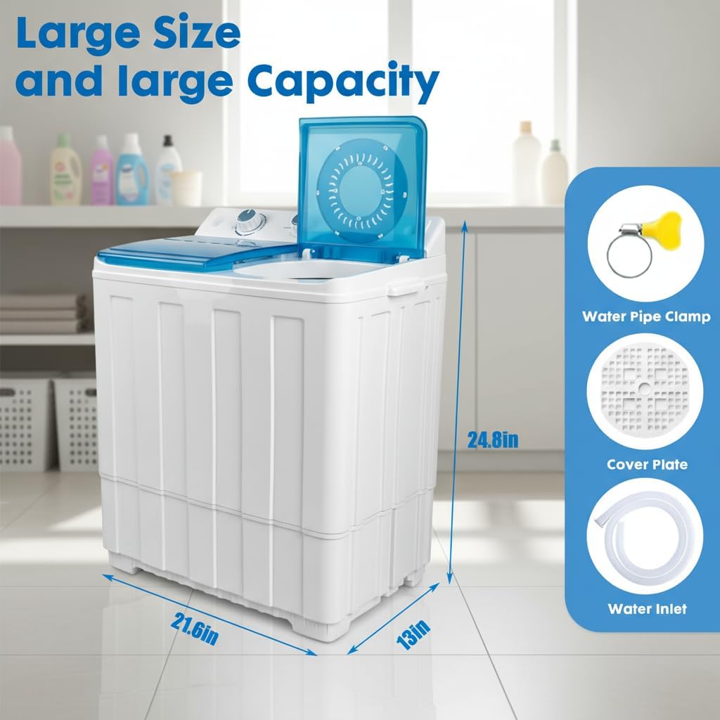 14 lbs Portable Dual Tub Washing Machine with 9.5 lbs Wash Capacity and 4.5 lbs Spin Capacity, Perfect for Small Spaces & Dorms, Blue