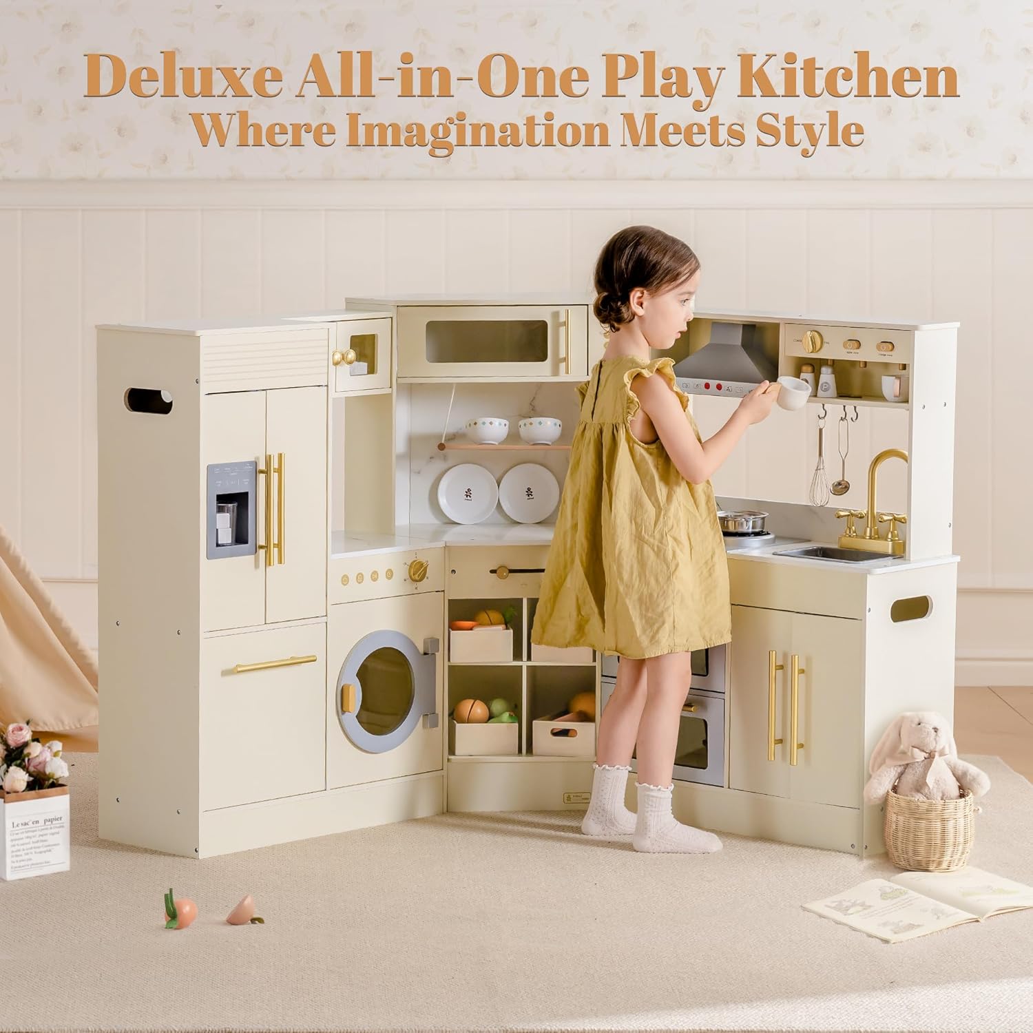 ROBOTIME Kids Kitchen Playset, Corner Wooden Play Kitchen with Fridge, Oven, Sink, Microwave & Washer, Realistic Lights & Sounds, Toddler Wooden Kitchen Toy Gift for Boys & Girls Ages 3+