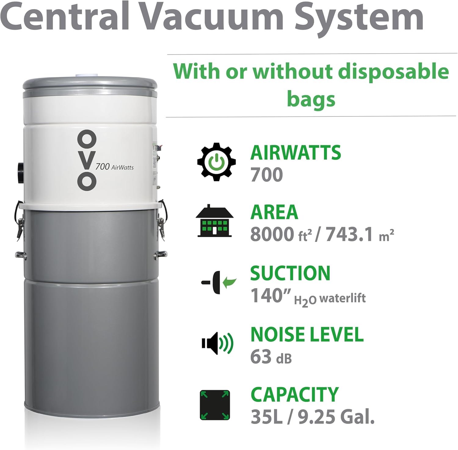OVO Airwatts Heavy Duty Powerful Central Vacuum System, Hybrid Filtration (with or Without Disposable Bags) 35L or 9.25Gal, 700 Air watts with 35ft Premium Deluxe Plus Accessory kit Included, White