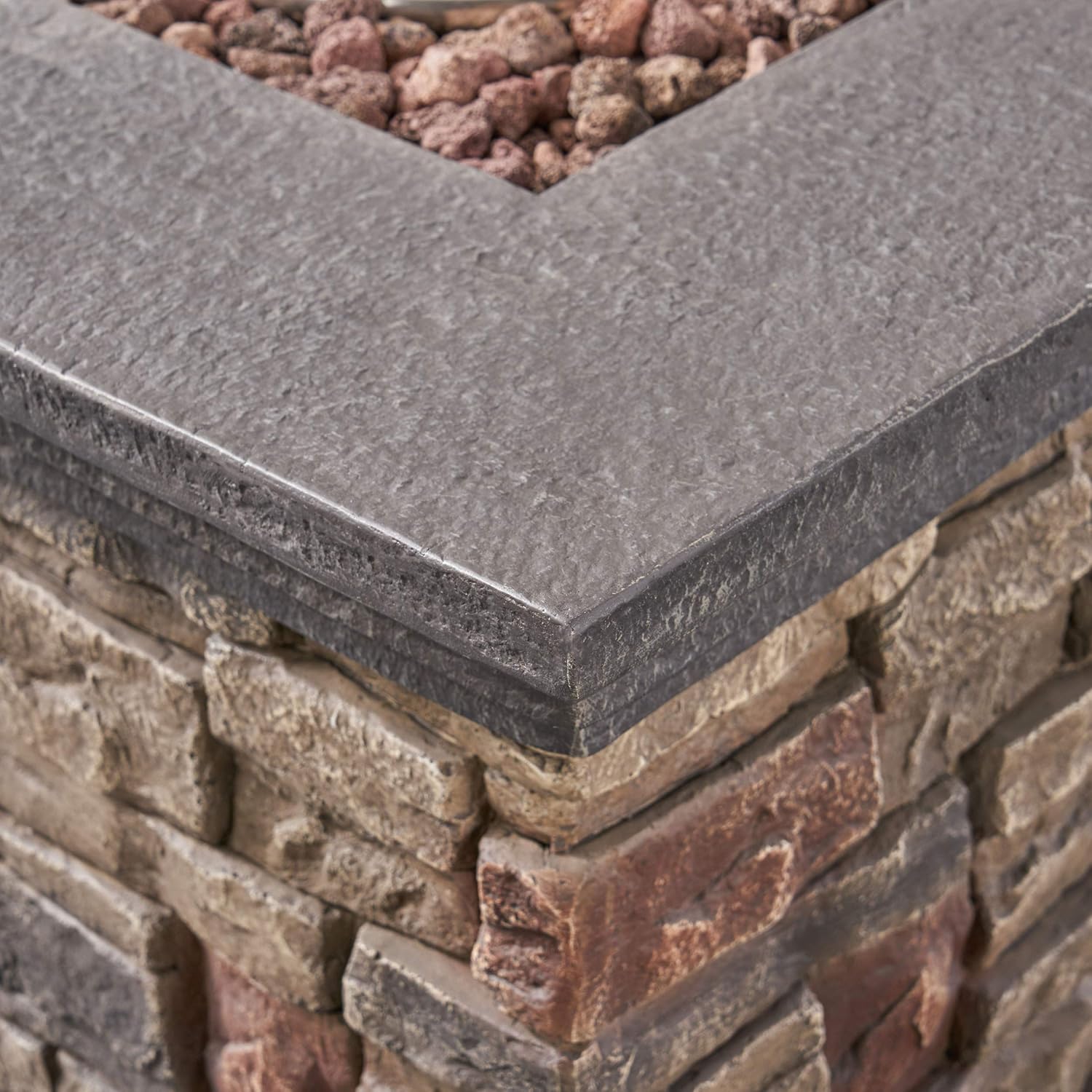 Great Deal Furniture GDFStudio Outdoor 4-Seater Acacia Wood Club Chairs with Firepit, Brown Patina Finish and Dark Teal and Stone