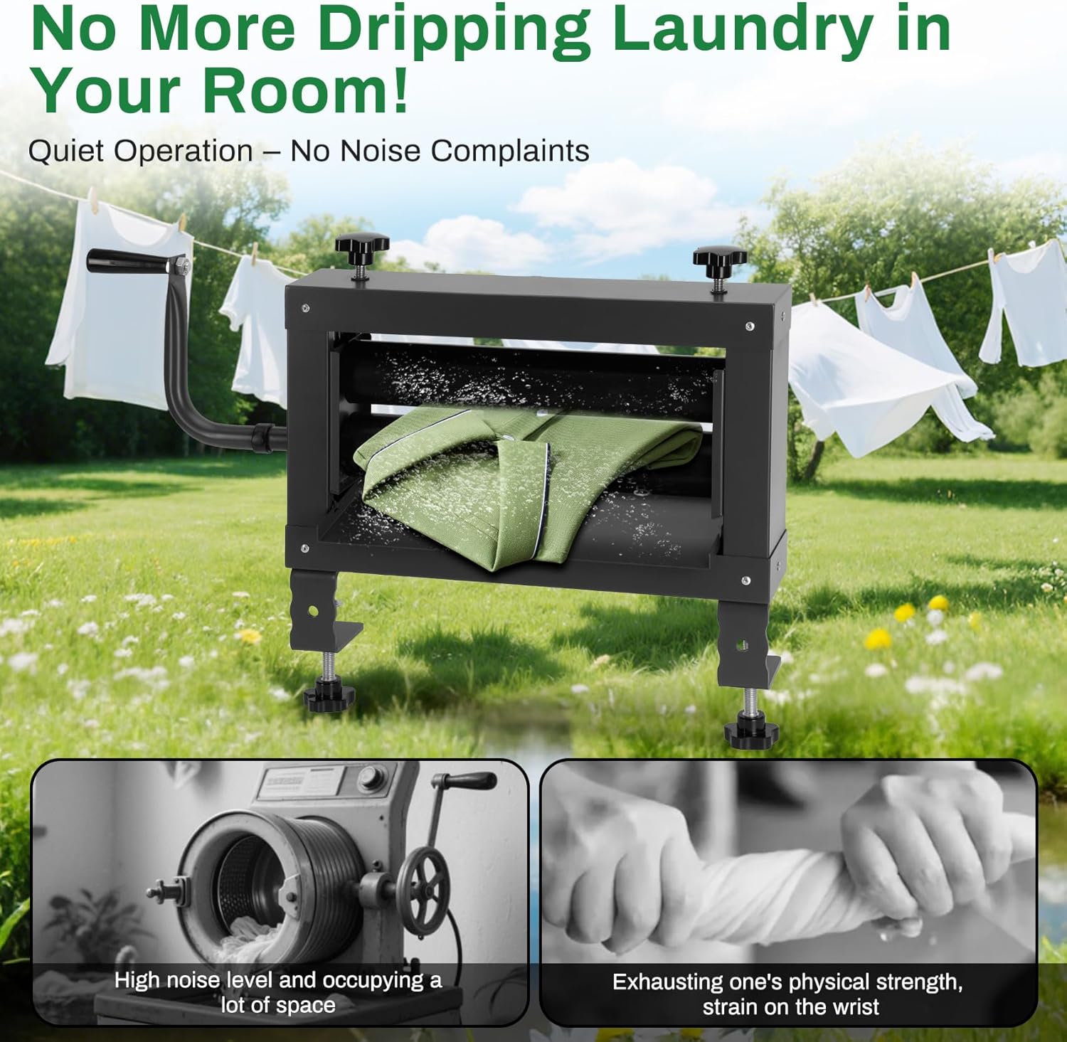 Upgraded Clothes Wringer，Double Adjustment Knobs-Heavy Duty Off-Grid Laundry Wringer for Towels，5X Thicker Rubber Rollers Remove 95% Water, Suitable for Use in Laundry, RV Travel, Car Washing.