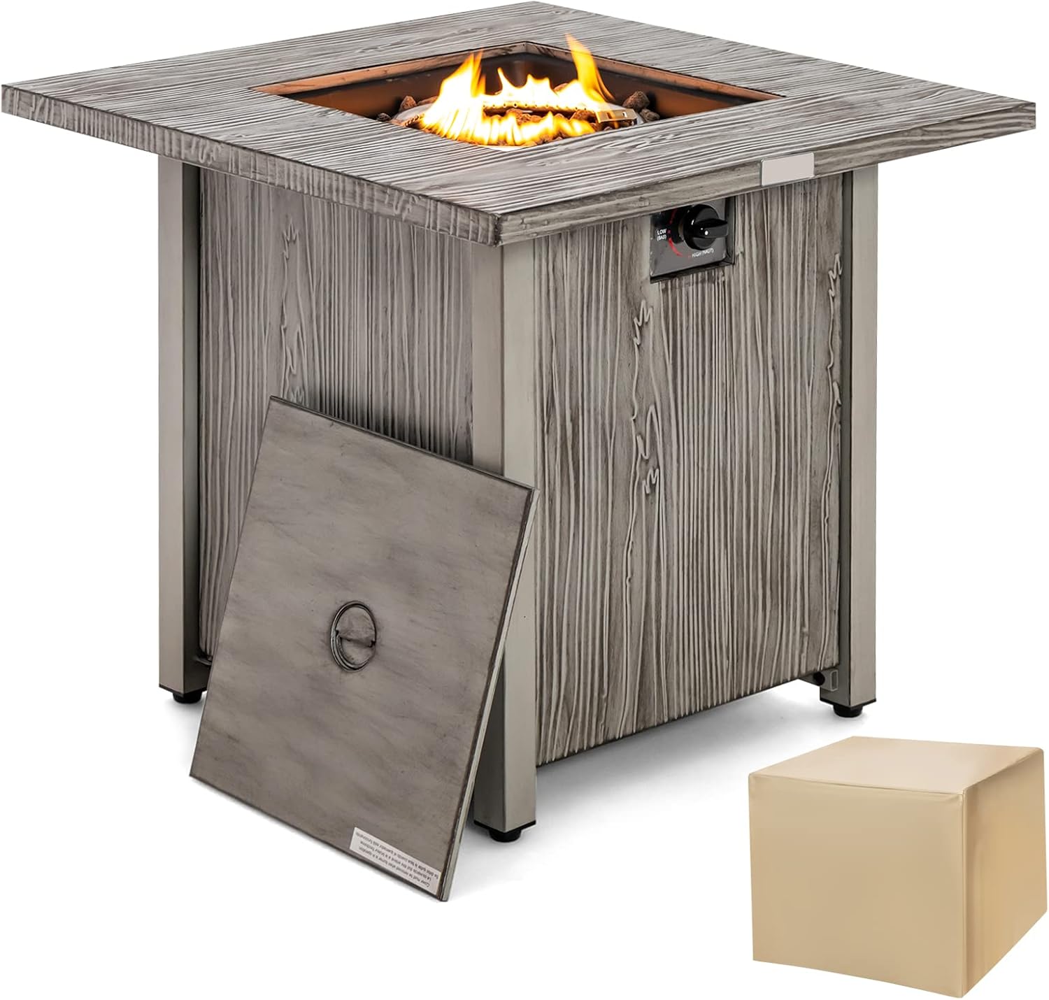 Giantex 28” Patio Fire Pit Table - 2-in-1 40,000 BTU Gas Square Fire Table with Lid & Lava Rocks, Metal Frame, PVC Protective Cover, CSA Certificated Propane Fire Pits for Outside, Poolside, Backyard