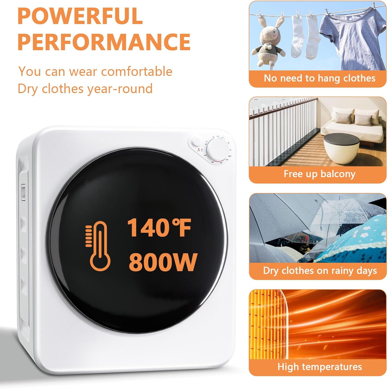 120V Portable Clothes Dryer, 800W Compact Laundry Dryer, Easy Control, 1.6 Cu.Ft Front Load Stainless Steel Electric Dryers Machine with Simple Control Knob for Apartment, RV, Dorm