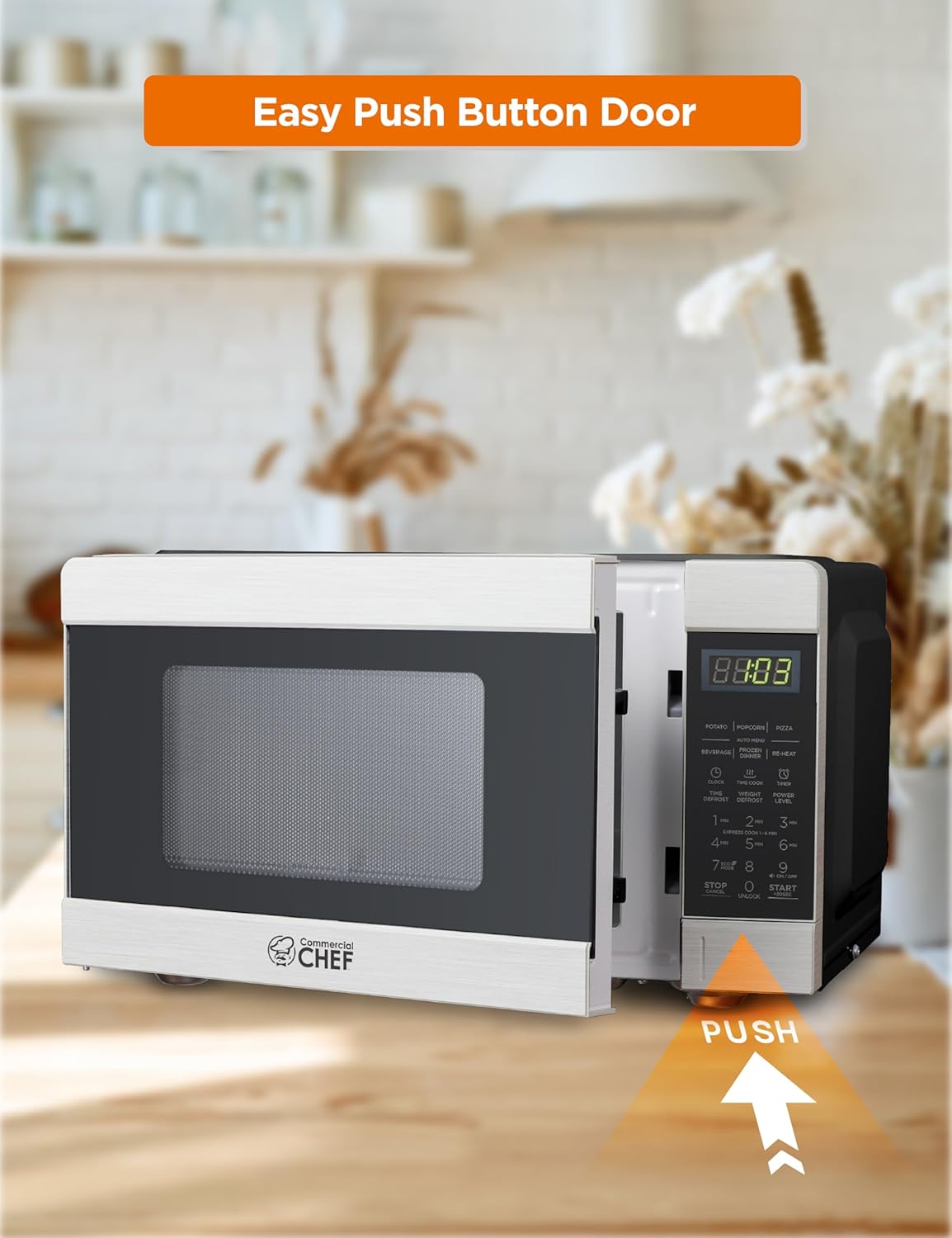 COMMERCIAL CHEF 0.9 Cu Ft Microwave with 10 Power Levels, Push Button and Child Lock, 900 Watt Microwave with Digital Controls, Countertop Microwave with Timer and Quick-Touch Menu, Stainless Steel