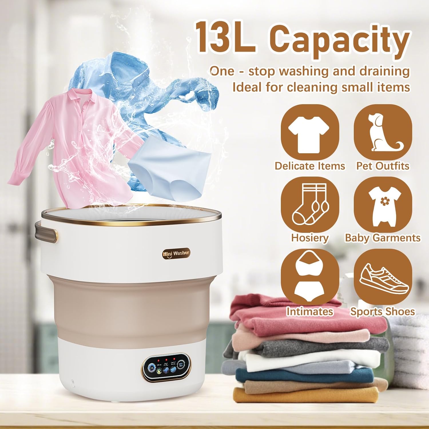 Portable Washing Machine, 13L Mini Washer and Spinner, 3 Cleaning Modes for Baby Clothes & Delicates, Small Portable Washer for Apartment, Dorm, Travel, Camping (Khaki)