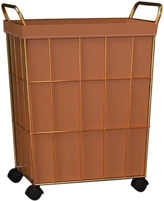 Laundry Basket Iron Wire Laundry Hamper on Wheels Rolling Laundry Basket w/Leather Liner Bag & Handle Gold Metal Frame Laundry Sorter for Bedroom Balcony (White 38x28x54cm) (Blue 35x28x49cm)