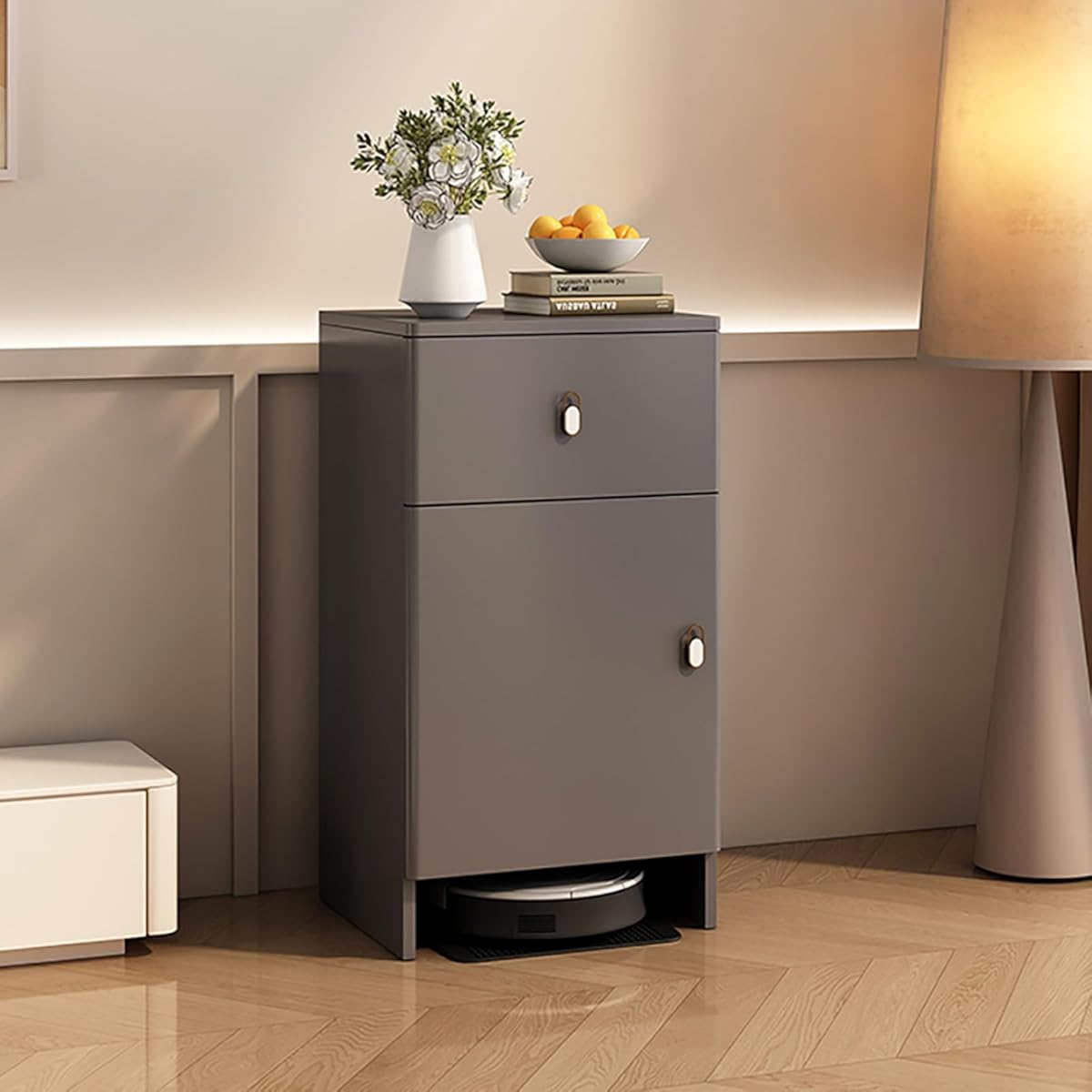 Robot Vacuum Storage Cabinet with Wheels, Vacuum Storage Cabinet, Storage Rack with Pull-Out Top for Water Change, for Living Room, Dining Room,Kitchen, Home Office(Natural)