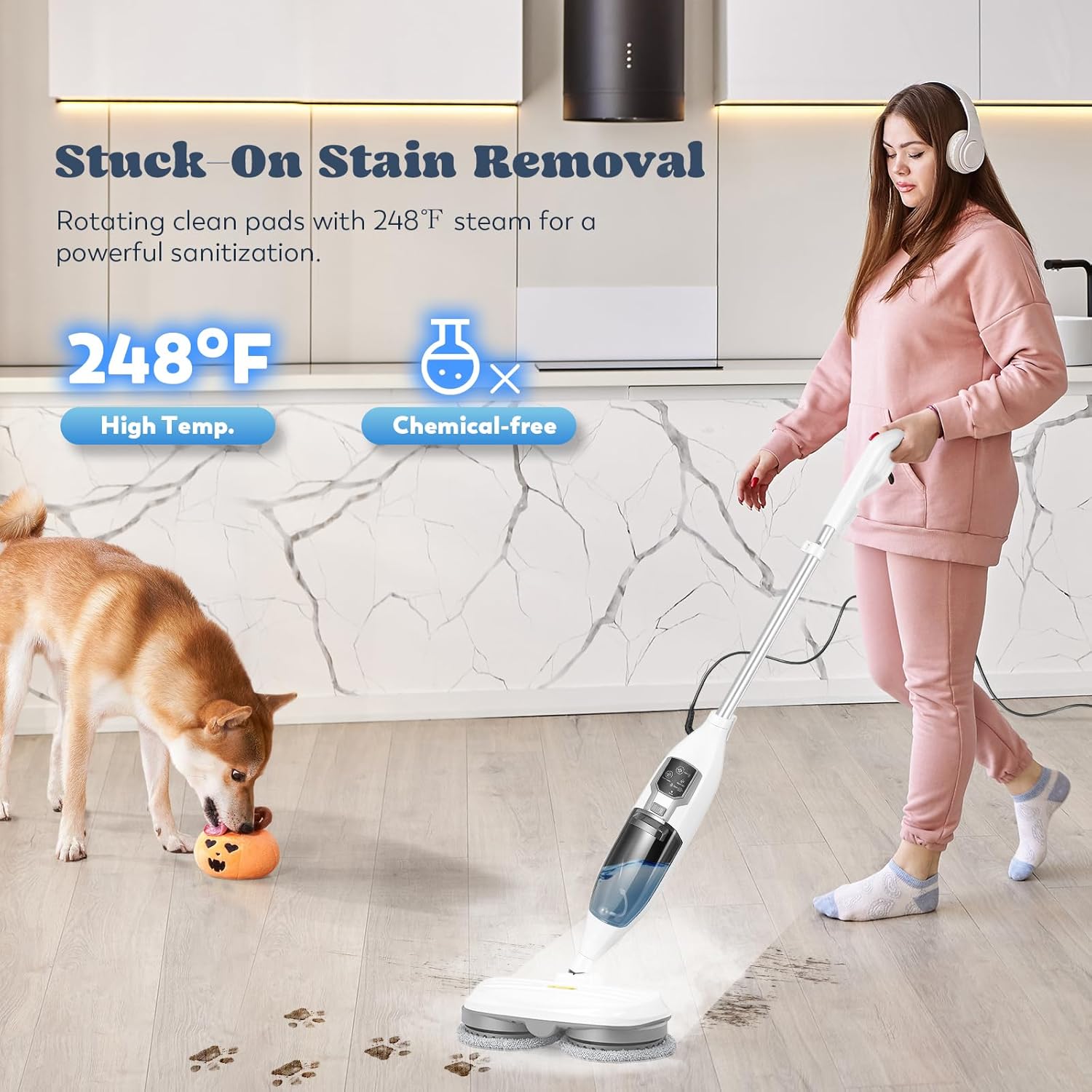 Moongiantgo Scrubbing Steam Mop for Hardwood Floors, Handheld Spin Mop with 3 Steam Modes Rotating Mop Pads, Electric Floor Scrubber Machine Detachable Steam Cleaner Mop for Grout and Tile Floors (A)