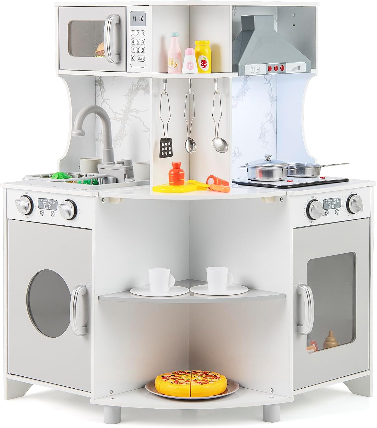 Costzon Corner Play Kitchen, Wooden Kids Kitchen Playset w/Water Circulation, Real Light & Sound, Microwave, Range Hood, Stove, Oven, Toy Kitchen Set for Kids Toddlers, Gift for Boys Girls 3+ (Grey)