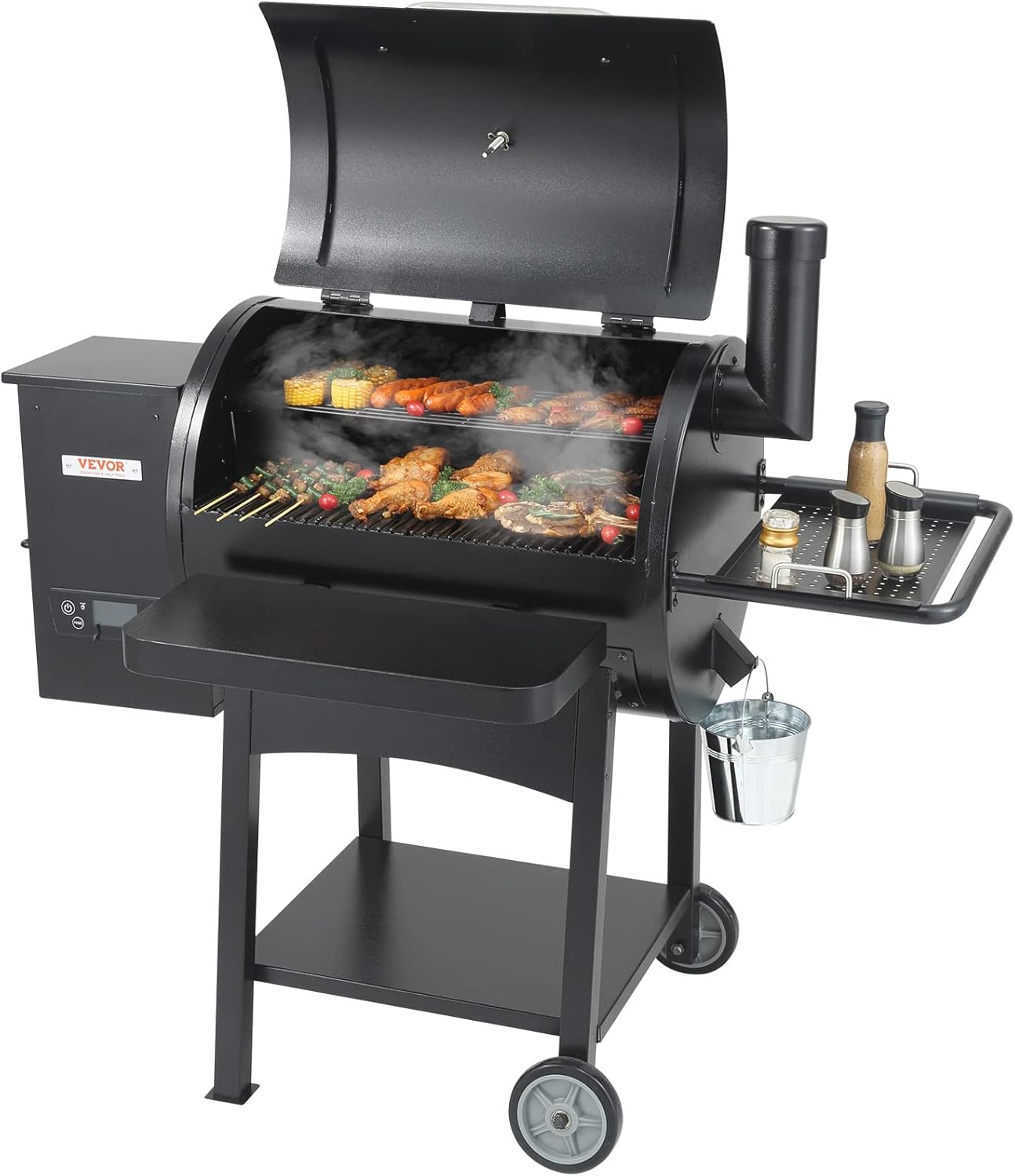 VEVOR Smoker Grill, Portable Wood Pellet Grill with Cart, 500°F Max Temperature, 580 SQ.IN Cook Area, 8 IN 1 BBQ Grill with PID Temperature Control & Meat Probe for Outdoor Cooking, Camping, Backyard