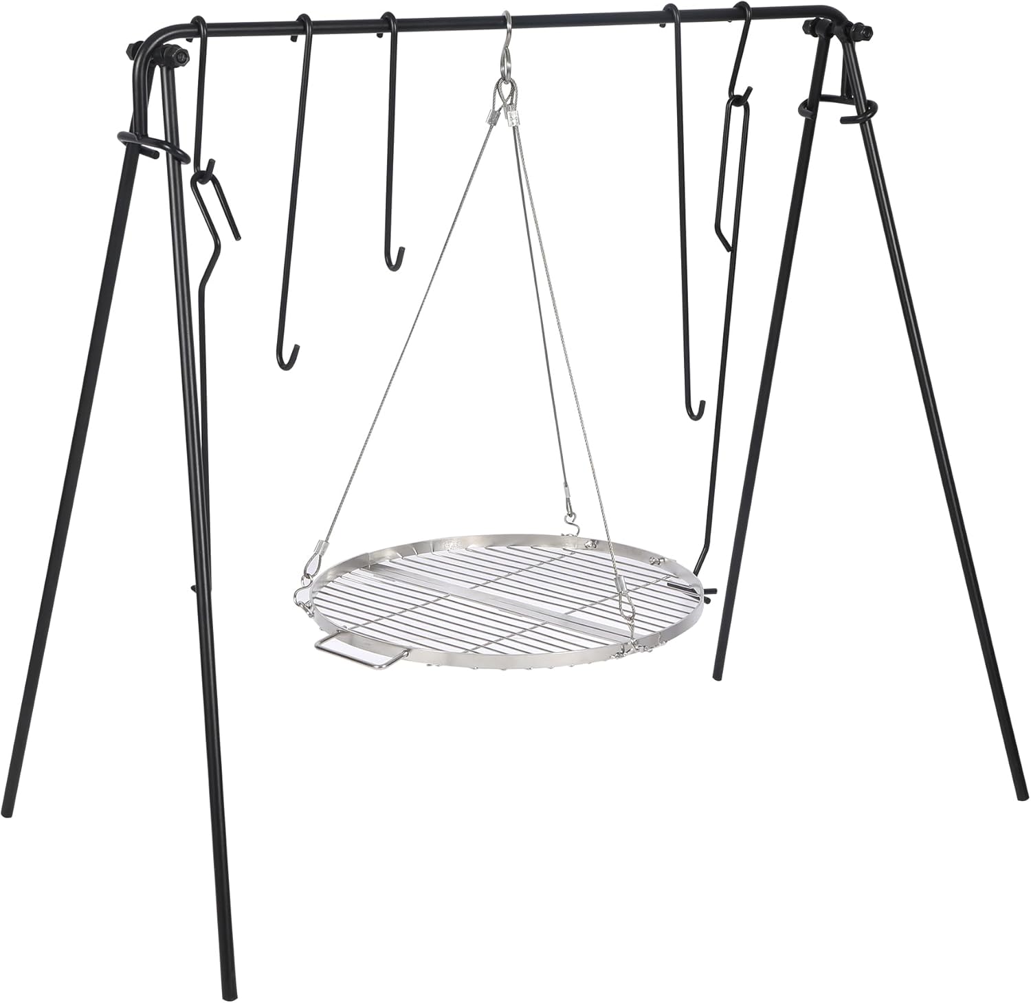 REDCAMP Swing Campfire Grill Stand Collapsible Campfire Cooking Rack with 6 Hooks & Stainless Steel Grill Grate, Portable Dutch Oven Hanger for Bonfire, Round, Outdoor Camping, Cookware