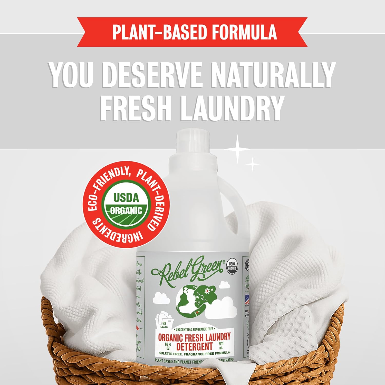 Rebel Green Organic Laundry Detergent - Natural Laundry Soap - Liquid Laundry Detergent with Dispenser Cup - Gentle Laundry Detergent - Fresh Unscented Soap - (68 Load Bottles, 2 Pack)