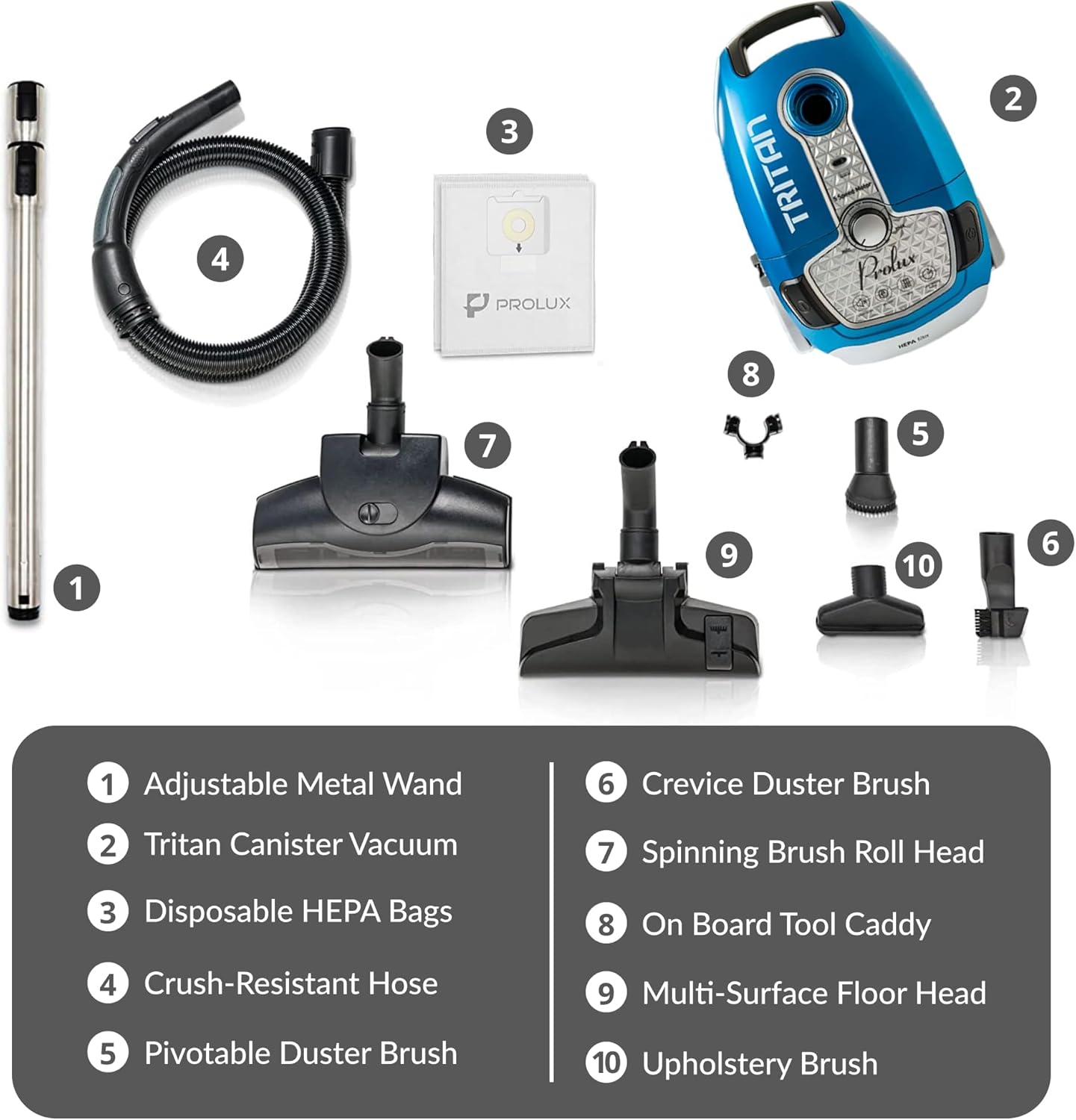 Prolux Tritan Bagged Canister Vacuum Cleaner, HEPA Filtration, Complete Home Care Tool Kit, Pet Hair No More, Adjustable Power Setting, Blue