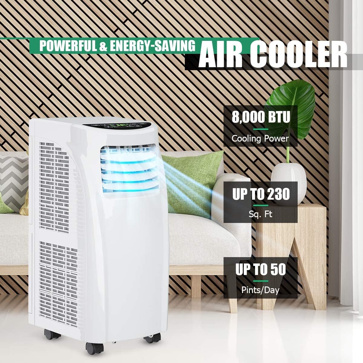 ARLIME Portable Air Conditioner 8000 BTU, 3-in-1 AC Units for Rooms with Fan & Dehumidifier Cools up to 250 sq. ft, Energy Saving Single Room AC with 2 Fan Speeds, Auto Swing, 24H Timer, Full-Function LED Remote Control, Side Handles & Wheels