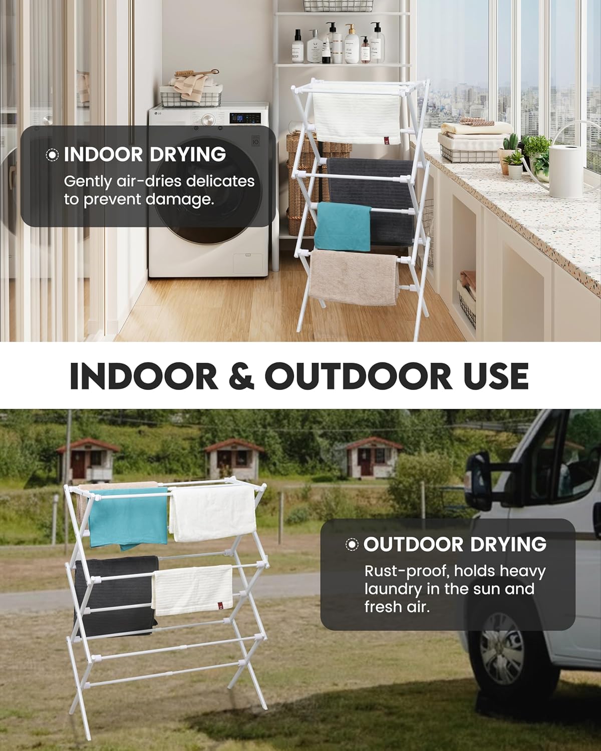 3-Tier Metal Folding Clothes Drying Rack, Laundry Drying Rack Clothing | Collapsible Dryer Racks for Laundry | Indoor & Outdoor, White