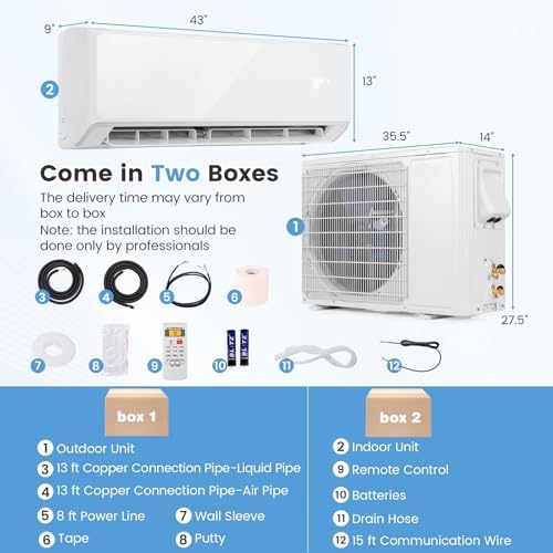 KOTEK 12000 BTU Mini Split AC/Heating System, 22 SEER2 Split Air Conditioner w/Heat Pump, Inverter Compressor, WIFI Enabled, Cools Up to 750 Sq.Ft, 208-230V (White, 22000 BTU, 21 SEER2)