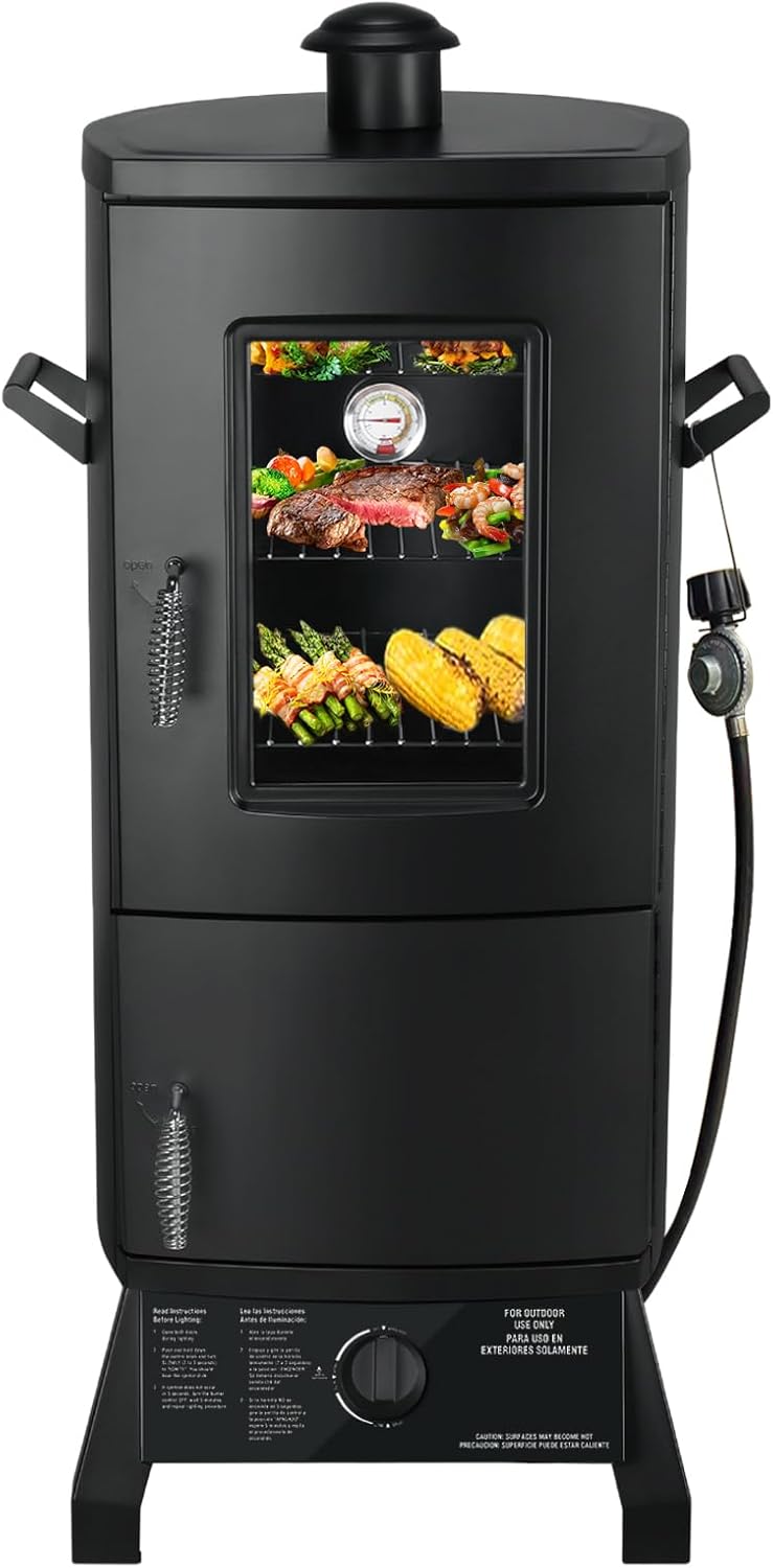 Propane Smoker, Vertical Smoker with Three Removable Shelves,Outdoor Grills & Smokers with Thermometer and Cover for Outdoor BBQ,