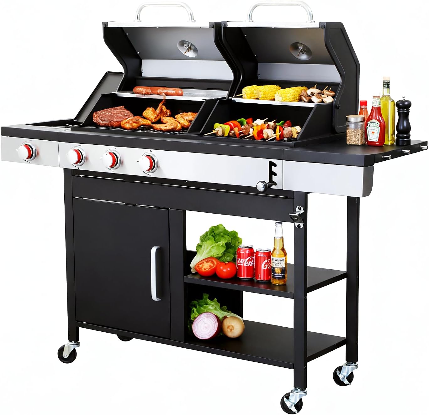 3-Burner Propane Gas Grill with Side Burner,combined with a charcoal grill,37230BTU output,enameled cast iron grids,heavy-duty stainless steel grill,Outdoor terraces, gardens and courtyards