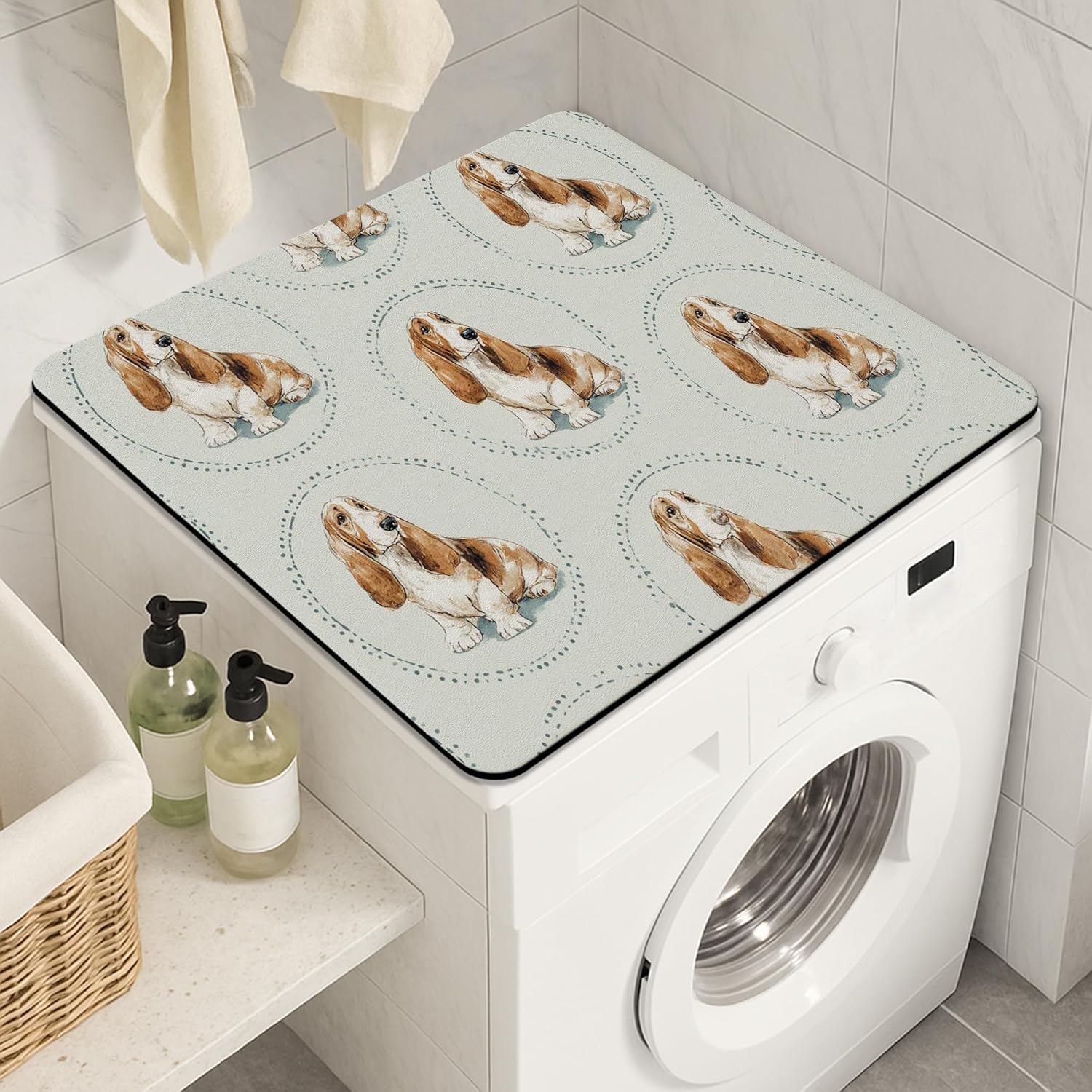 Basset Hound Washer Dryer Top Protector Mat, Vintage Animal Illustration Laundry Machine Dust Covers, Cozy Rubber Anti-slip Waterproof Washer And Dryer Mats for Home 24x24 Inch