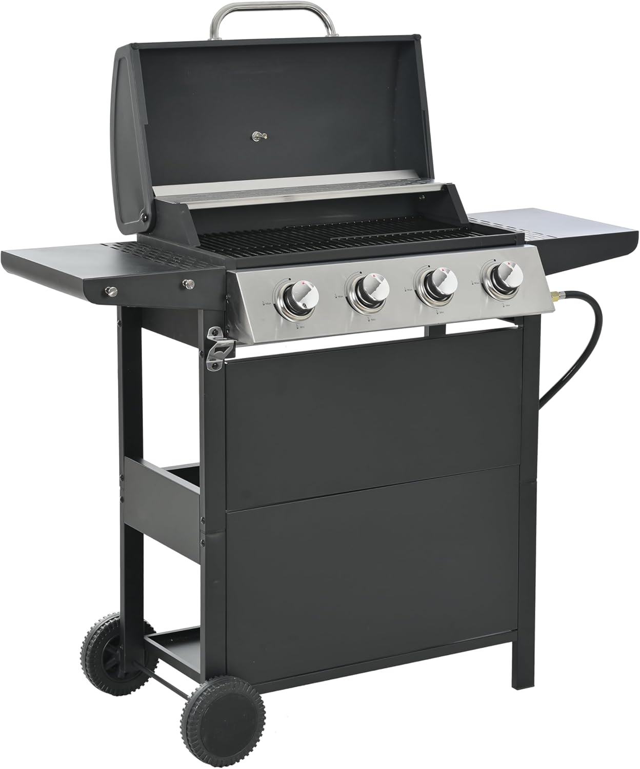 Propane Grill 4 Burner Barbecue Grill Stainless Steel Gas Grill with Casters and Thermometer Ingredient Placement Tables on Both Sides for Outdoor BBQ, Camping (4 Burner)