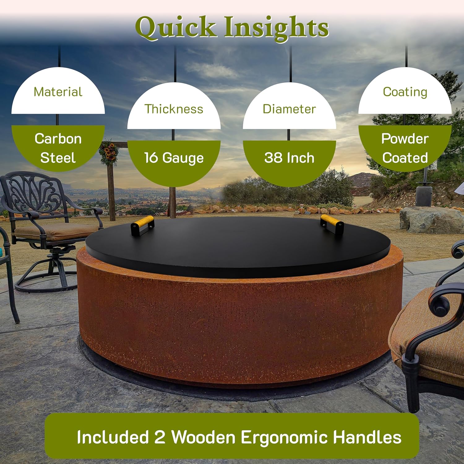 FEBTECH Fire Pit Lid 38 Inch - Powder Coated 16 Gauge Heavy-Duty Carbon Steel Fire Pit Grill Cover Round with 2 Convenient Wooden Handles with Fire Pits Inside Diameter Up to 36