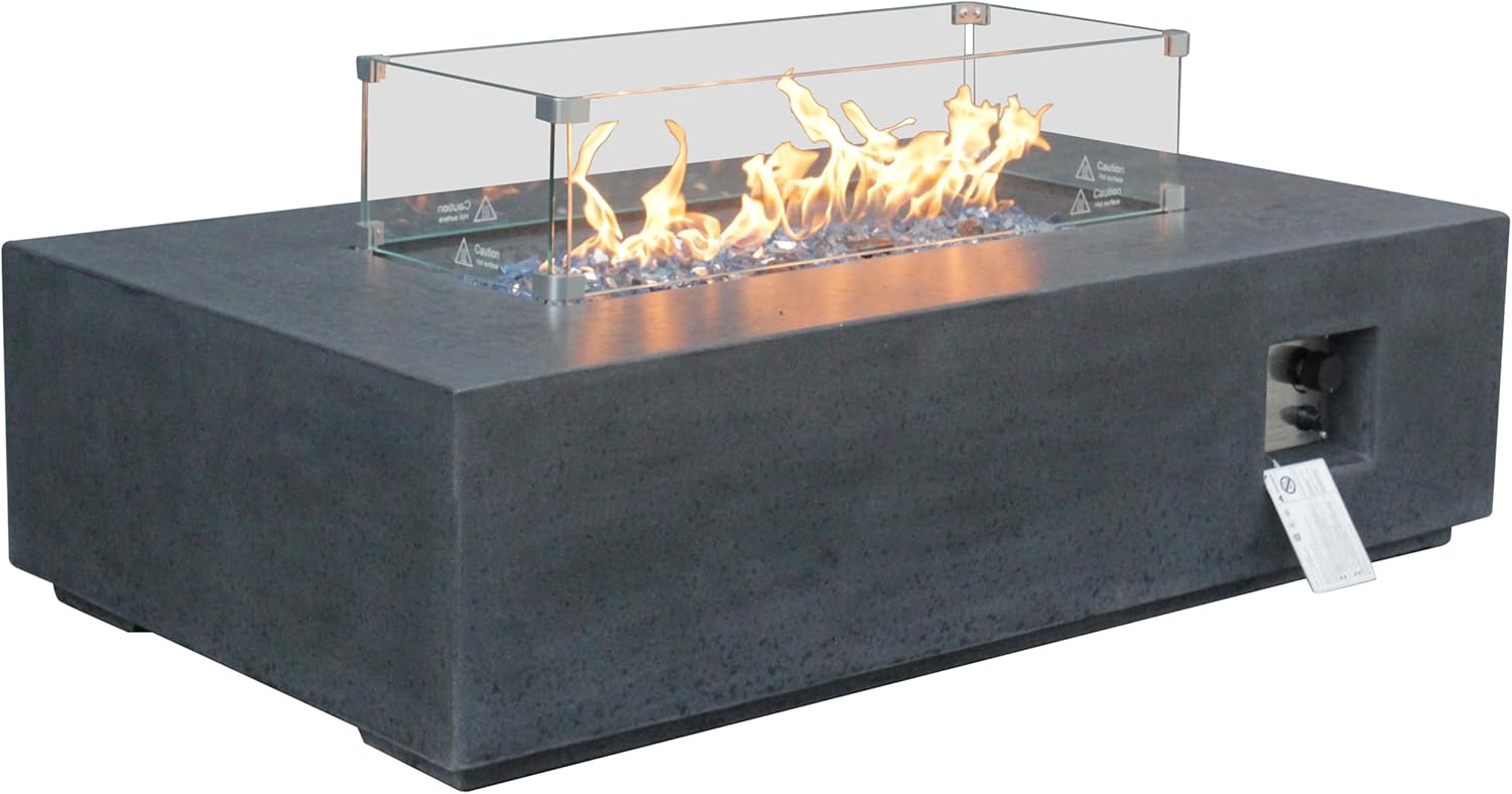 52 Inch Outdoor Concrete Propane Gas Rectangle Fire Pit Table in Dark Gray Color