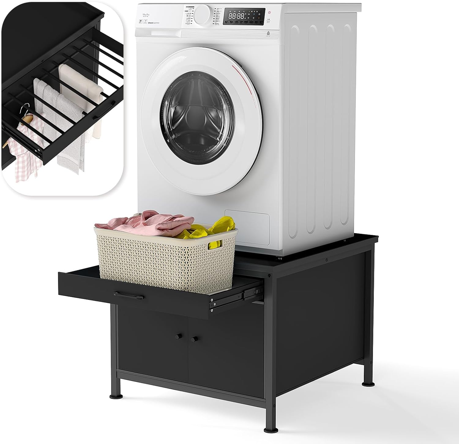 Washer and Dryer Pedestals, 29” Heavy Duty Laundry Pedestal with Storage Cabinet and Laundry Basket Shelf, Universal Washing Machine Stand, 700 LBS Capacity, Black
