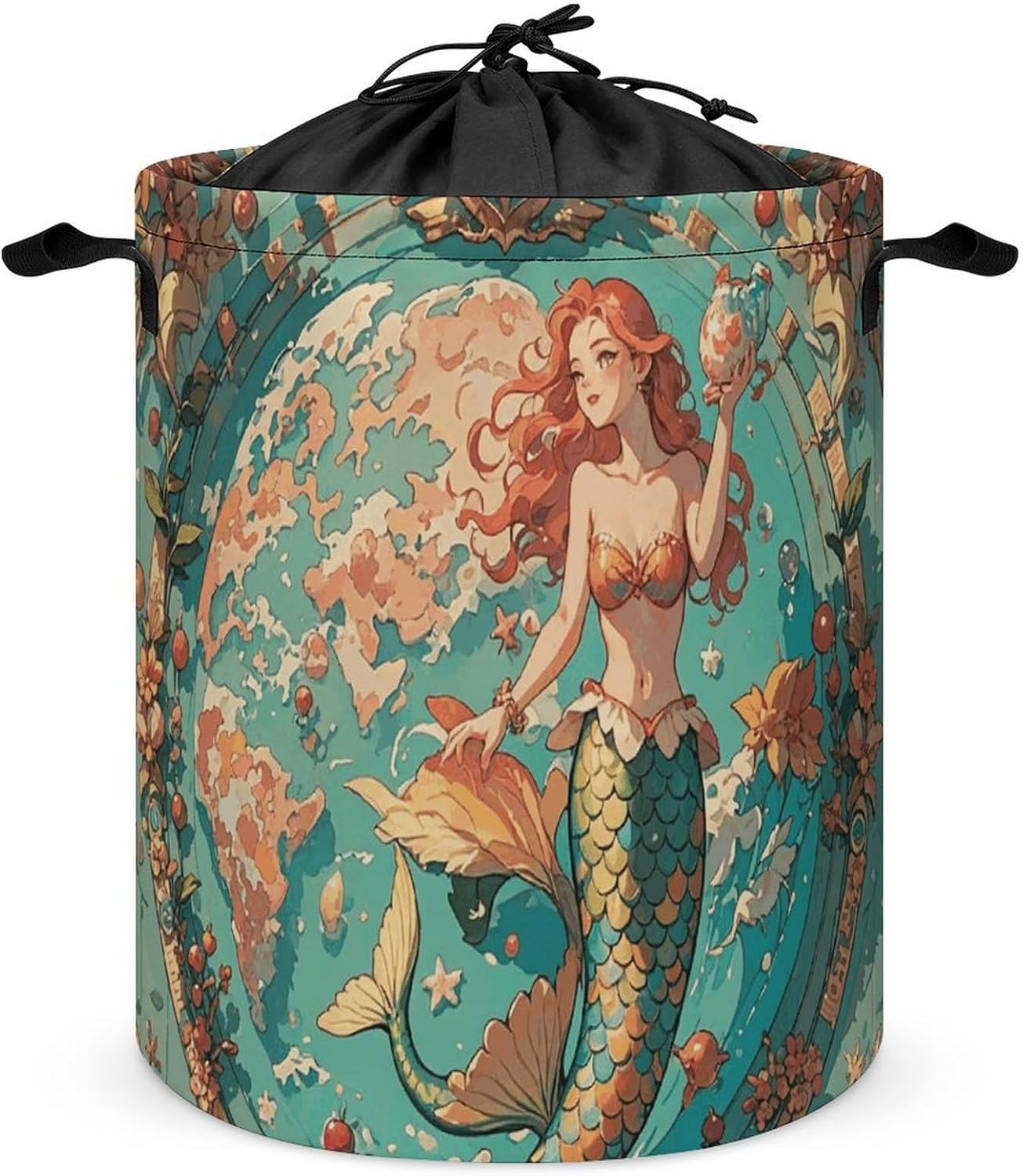 Vintage Outer Banks Map with Mermaids Laundry Bag Round Laundry Basket Collapsible Hamper with Handles Drawstring Closure Waterproof Storage Basket Dirty Clothes Organizer for Bedroom Bathroom Dorm 17