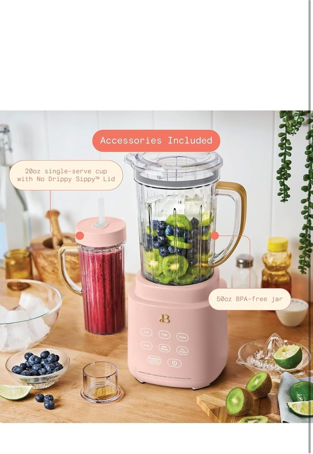 Power Extract Blender System with 700w Motor, 50 0Z Jar, 20oz Single-serve cup, No drippy sippy lid, 3 Speeds & 4 Pre-sets (Rose)