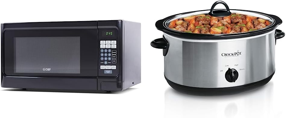 Countertop 1.1 Cubic Feet Microwave Oven, 1000 Watt, Black Front with Black Cabinet, Commercial Chef CHCM11100B & Crock-Pot 7 Quart Oval Manual Slow Cooker, Stainless Steel (SCV700-S-BR)