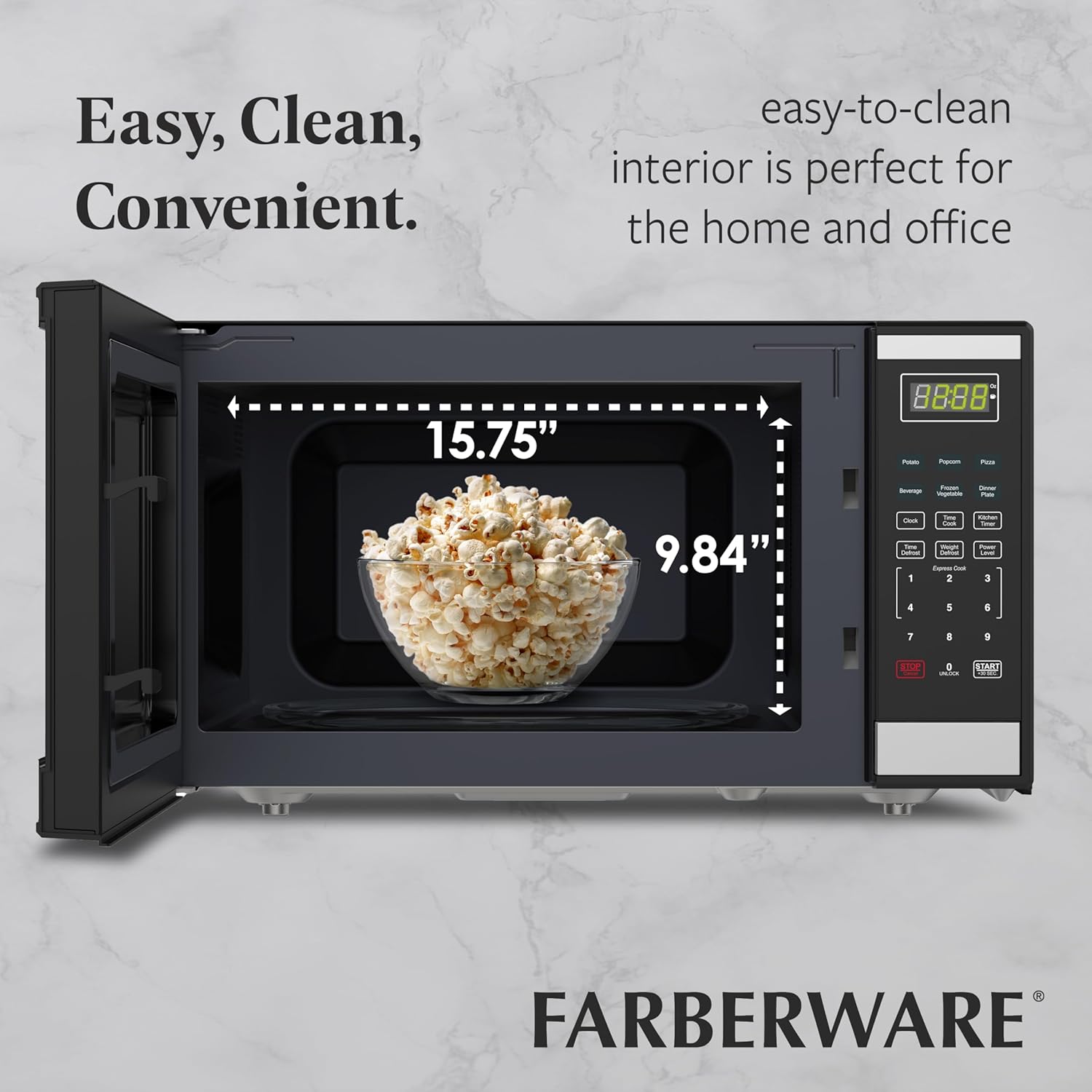 Farberware 1.6 Cu. Ft. Countertop Microwave Oven – 1100 Watts Power, Auto Cook Settings, Defrost, Easy Clean and Child Safety Lock - Stainless
