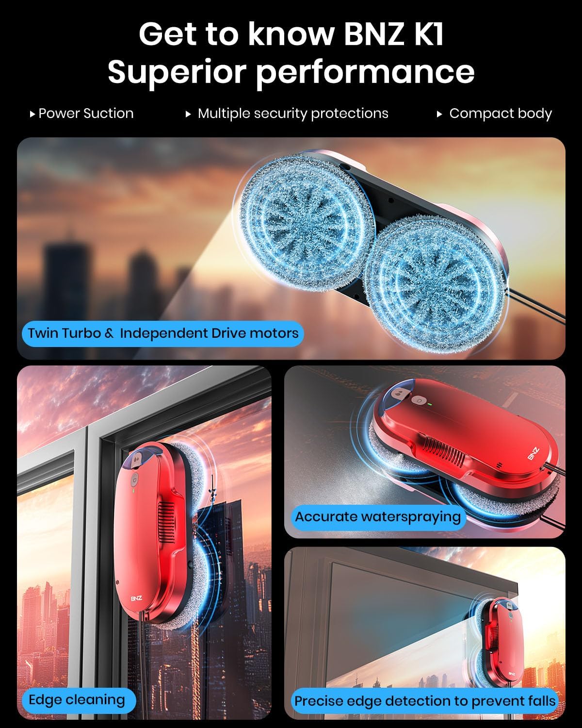 BNZ Smart Window Cleaning Robot, Twin Turbo & Dual Auto-Spray Window Cleaner with Multiple Safety System, AI Path Planning, Frameless Edge Detection, K1 (Ruby Red)