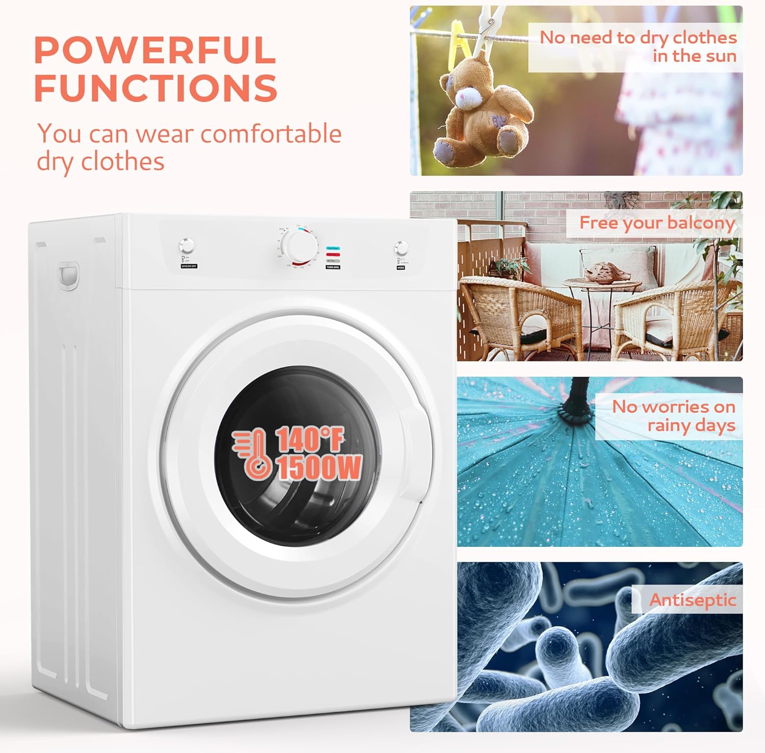 Euhomy Dryer, 3.5 Cu. Ft. 1500W Clothes Dryer, Stainless Steel Tumble Dryer with Exhaust Hose for Home, Apartment, Dorm, White