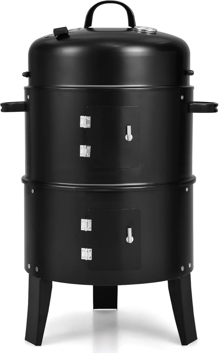 Giantex 3-in-1 Charcoal BBQ Smoker, Outdoor Grill Cooker with Built-in Thermometer and 6 Hooks for Outdoor Backyard Cooking Grilling Camping