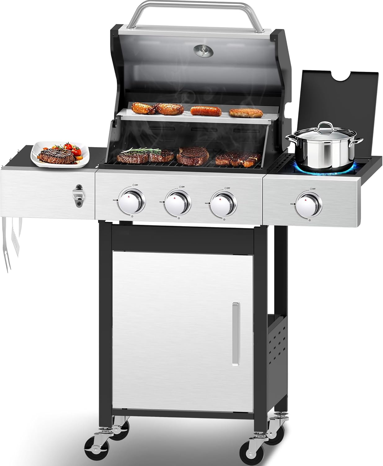 CIG GARDEN 3-Burner Propane Gas Grill With Side Burner,Double-layer Stainless Steel BBQ Grill Lid with Cast Iron Grates,41,500 BTU Output Perfect for Outdoor Cooking,Backyard,Camping,BBQ Grill