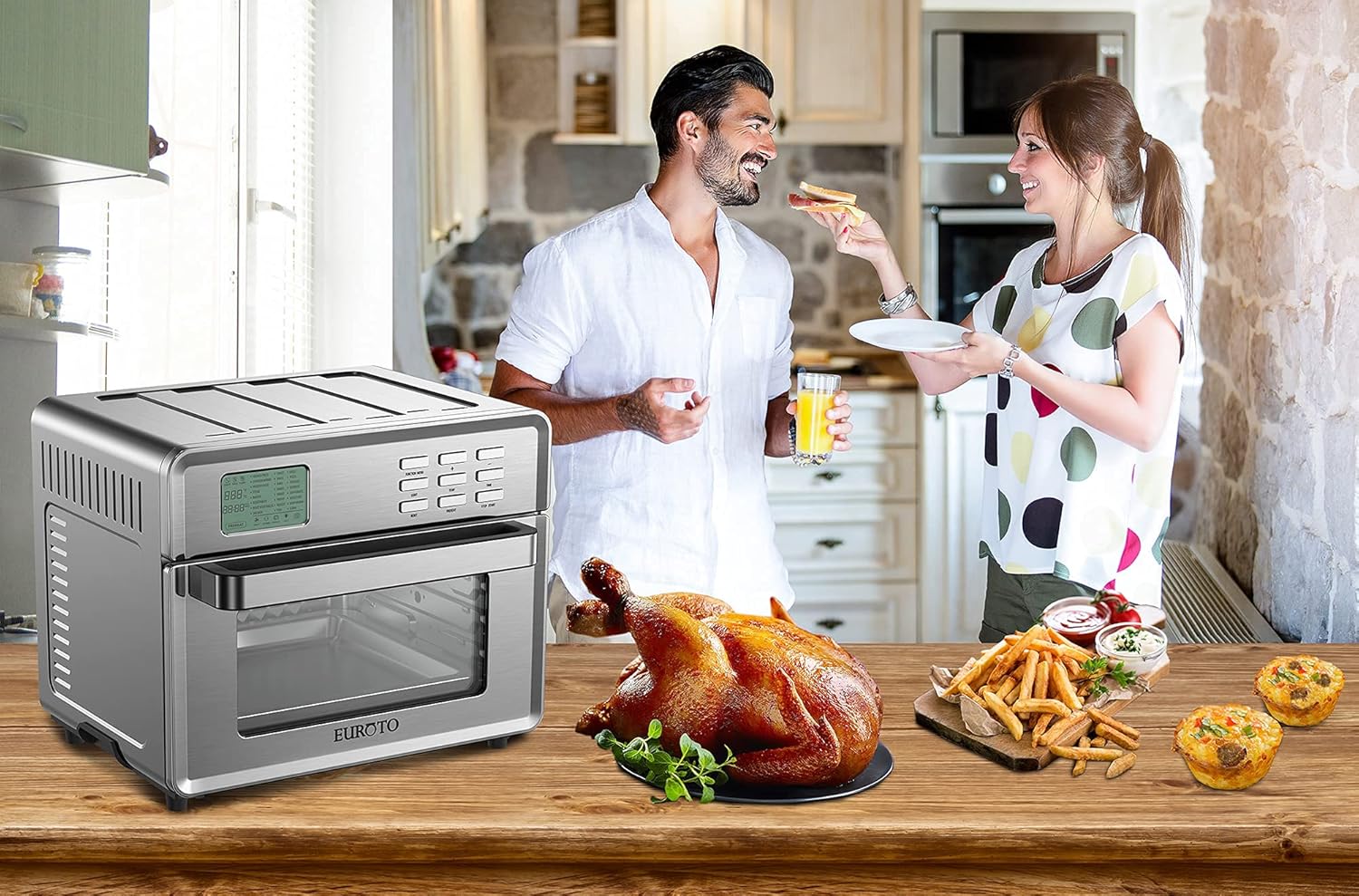 EUROTO Stainless Steel Large Capacity 26.8 QT Air Fryer Oven, 24 in 1 Multi-function, 360 Air Circulation Toaster Oven, LCD digital Display, 4 Layer Shelves, Included Oven Gloves & Apron Up to 450°F