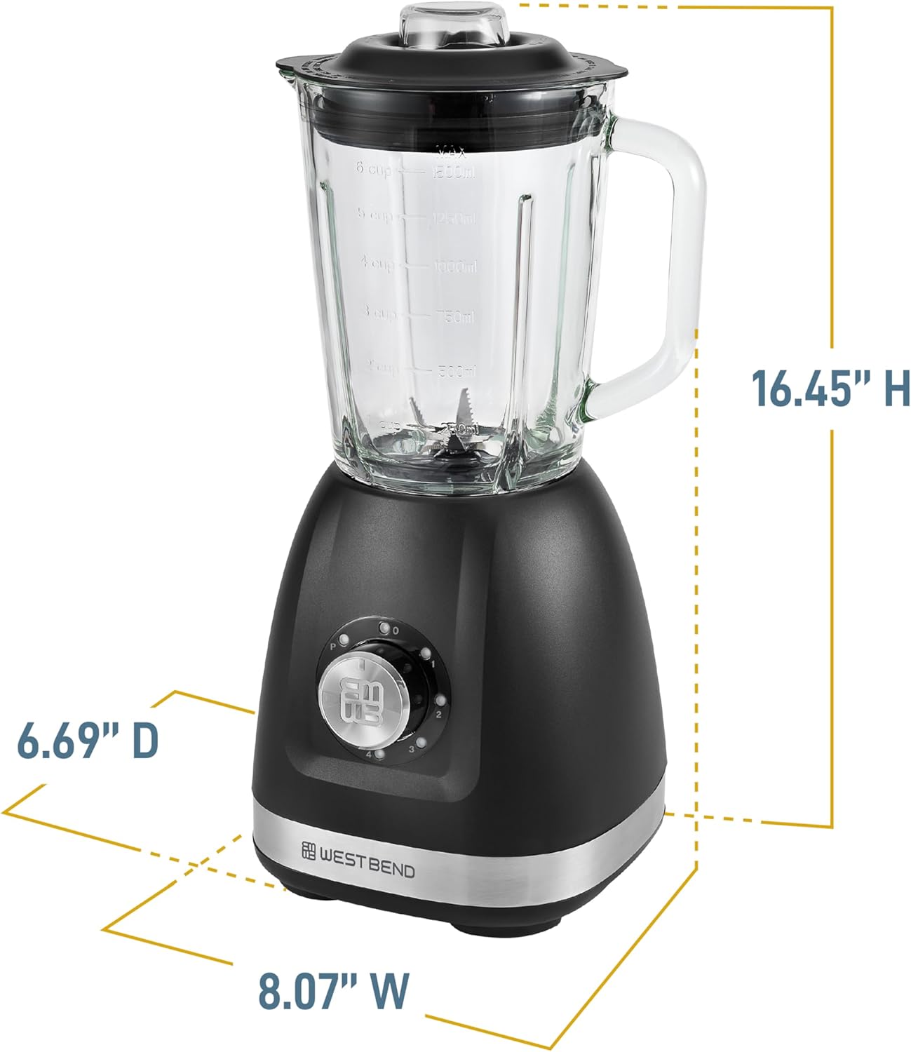 West Bend Blender with 48-Ounce Blending Jar and 20-Ounce Travel Cup, Compact Design with Dial Control, 700-Watts, Black
