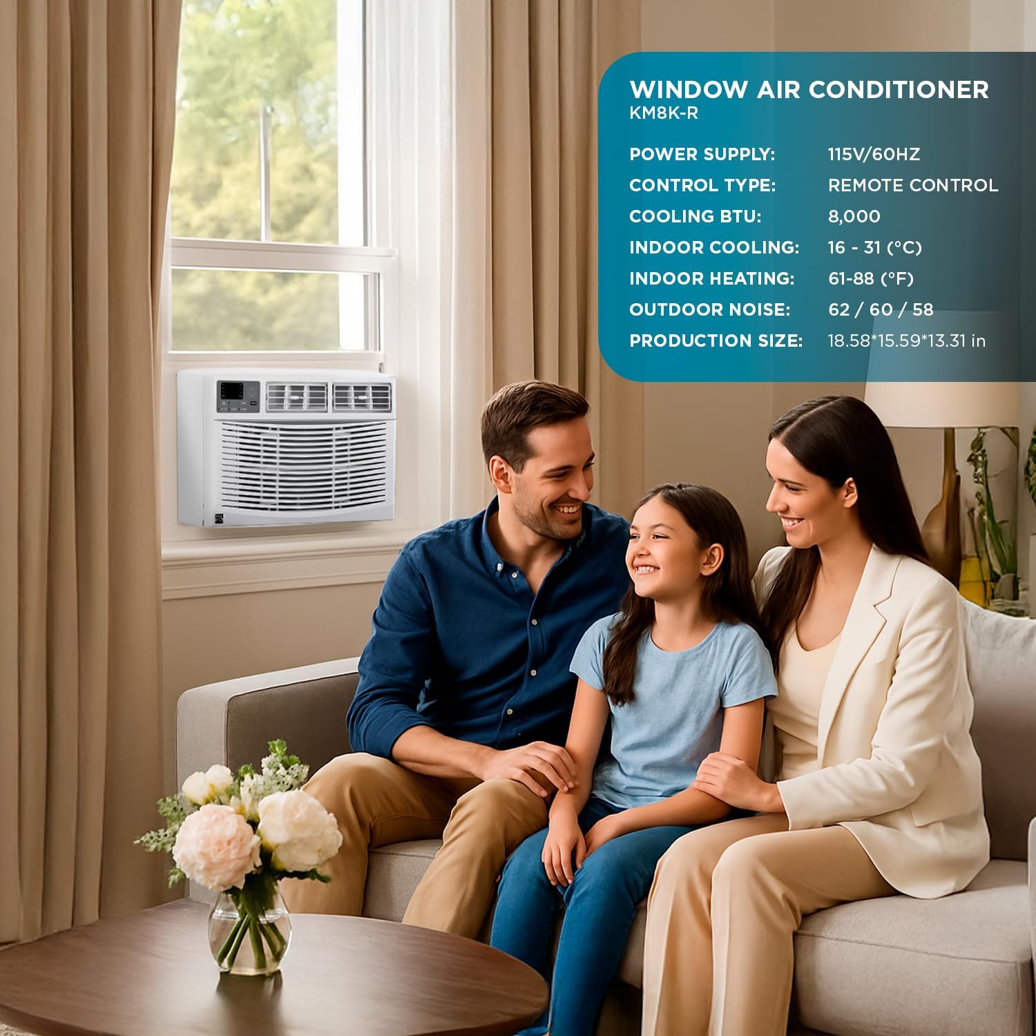 Kenmore KM10K-R 10,000 BTU Window Air Conditioner for Large Rooms up to 450 Sq. Ft. – Quiet Cooling, Remote Control, Easy Install, Energy Efficient, Digital Display, 3 Fan Speeds, Washable Filter