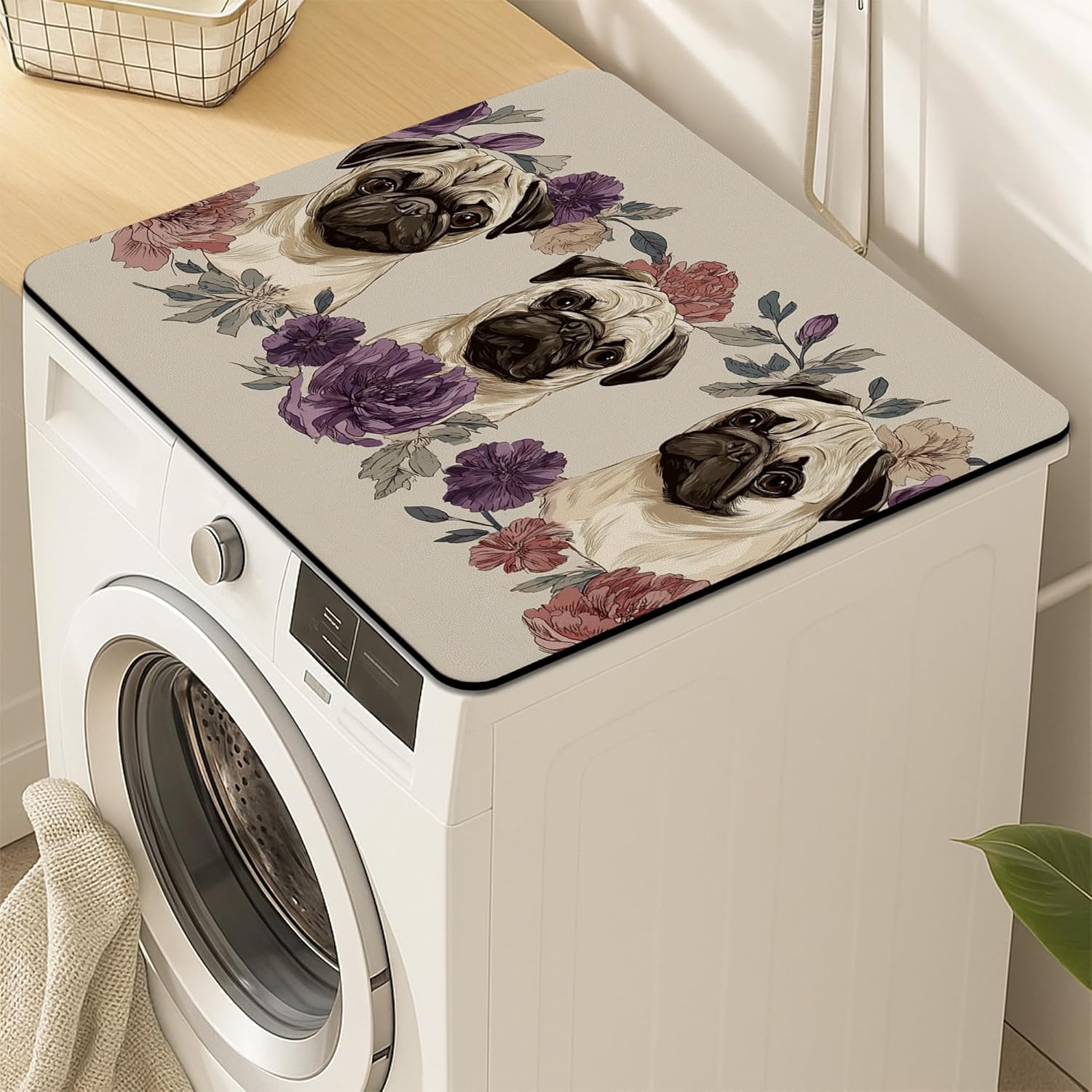 Pug Floral Washer Dryer Top Protector Mat, Vintage Botanical Pug Pattern Laundry Machine Covers, Spring Seasonal Waterproof Anti-slip Washer and Dryer Mats for Laundry Room 24x24 Inch