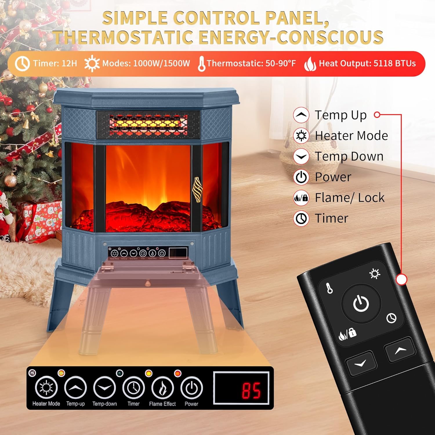 RealSmart Electric Fireplace Heater 22 in Freestanding Fireplace Stove Infrared Fireplace with 3D Flame Effect Remoted Control, Timer, Overheating Protection (Blue)