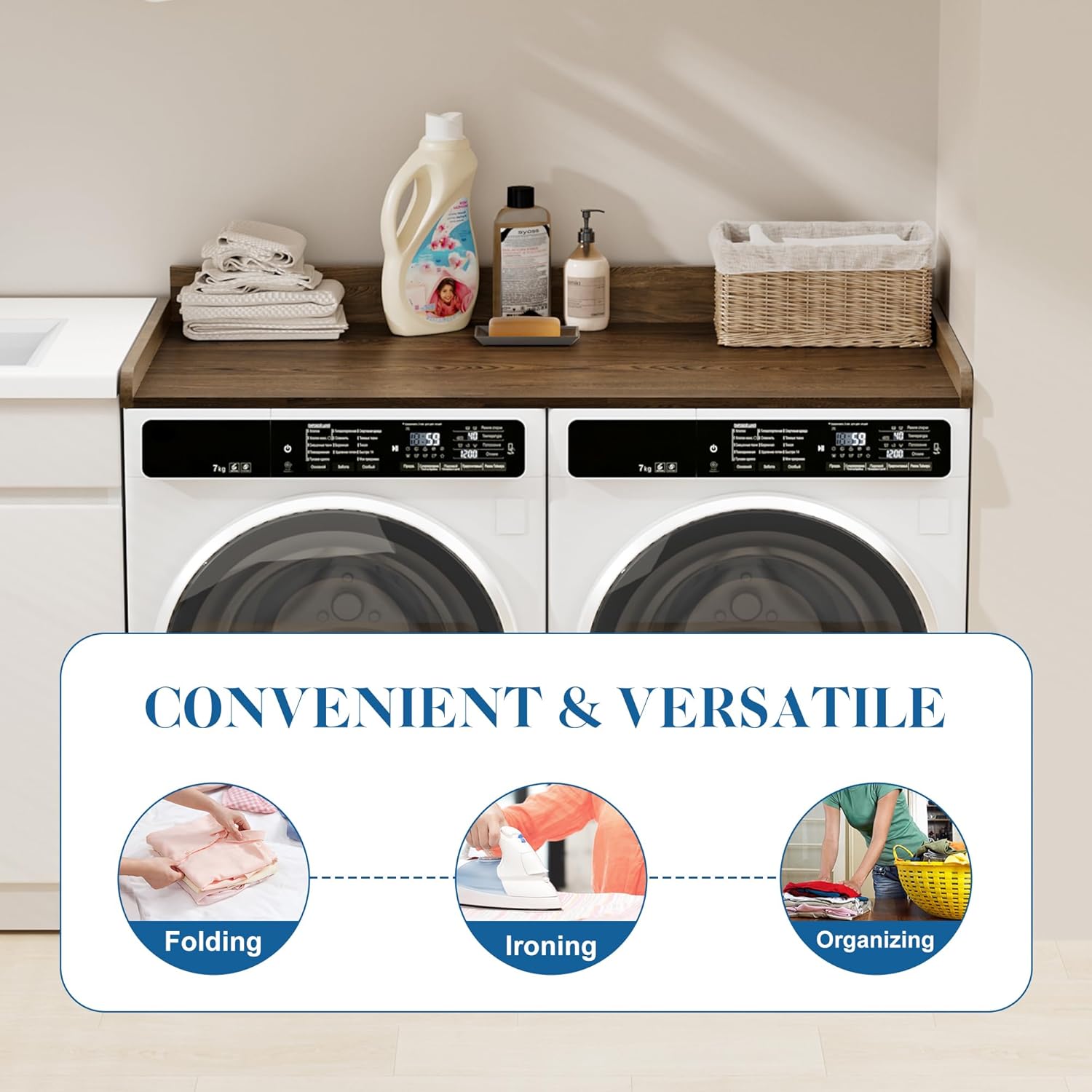 Washer Dryer Countertop, Laundry Countertop Over Wooden Washer and Dryer for The Top with Non-Slip Pads, Laundry Hamper Counter Storage Organization 54