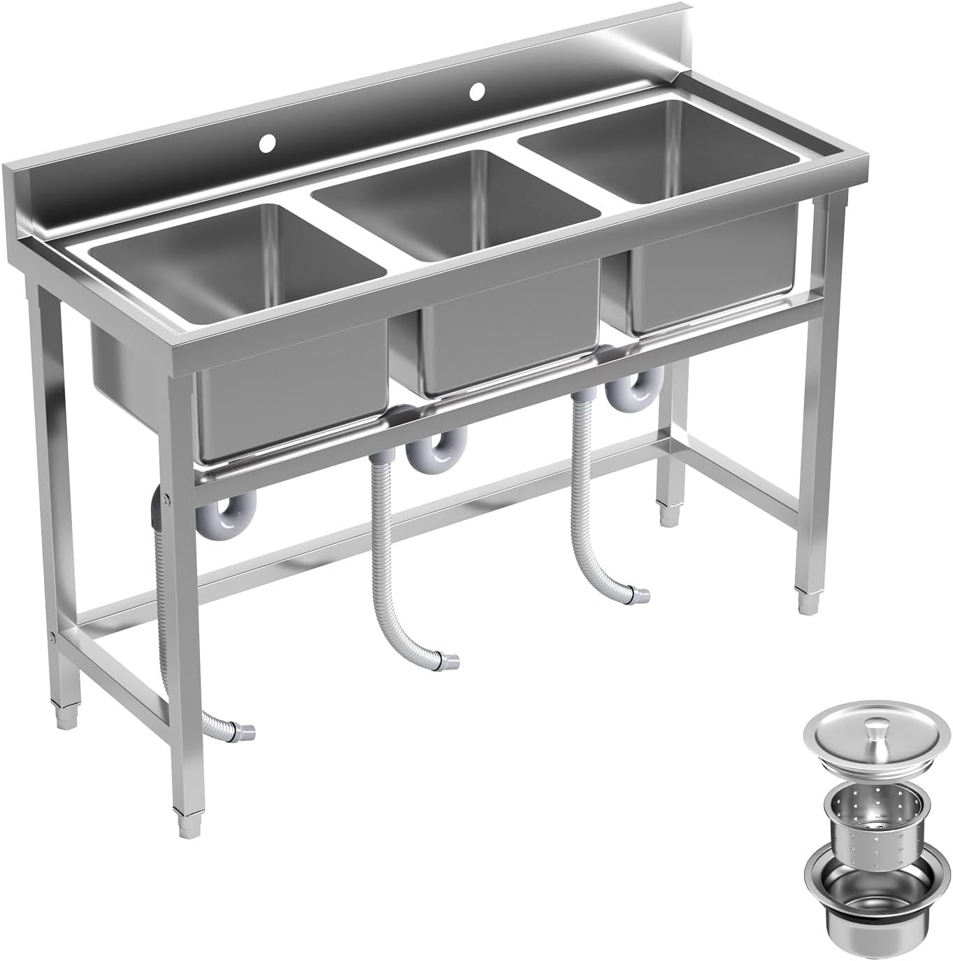 51'' Triple Bowl Stainless Steel Sink, Free-Standing Kitchen Appliances Sink with Hose Hook Up, Commercial Slop Sinks for Farmhouse, Outdoor, Laundry Room & Garage (Triple Bowl)