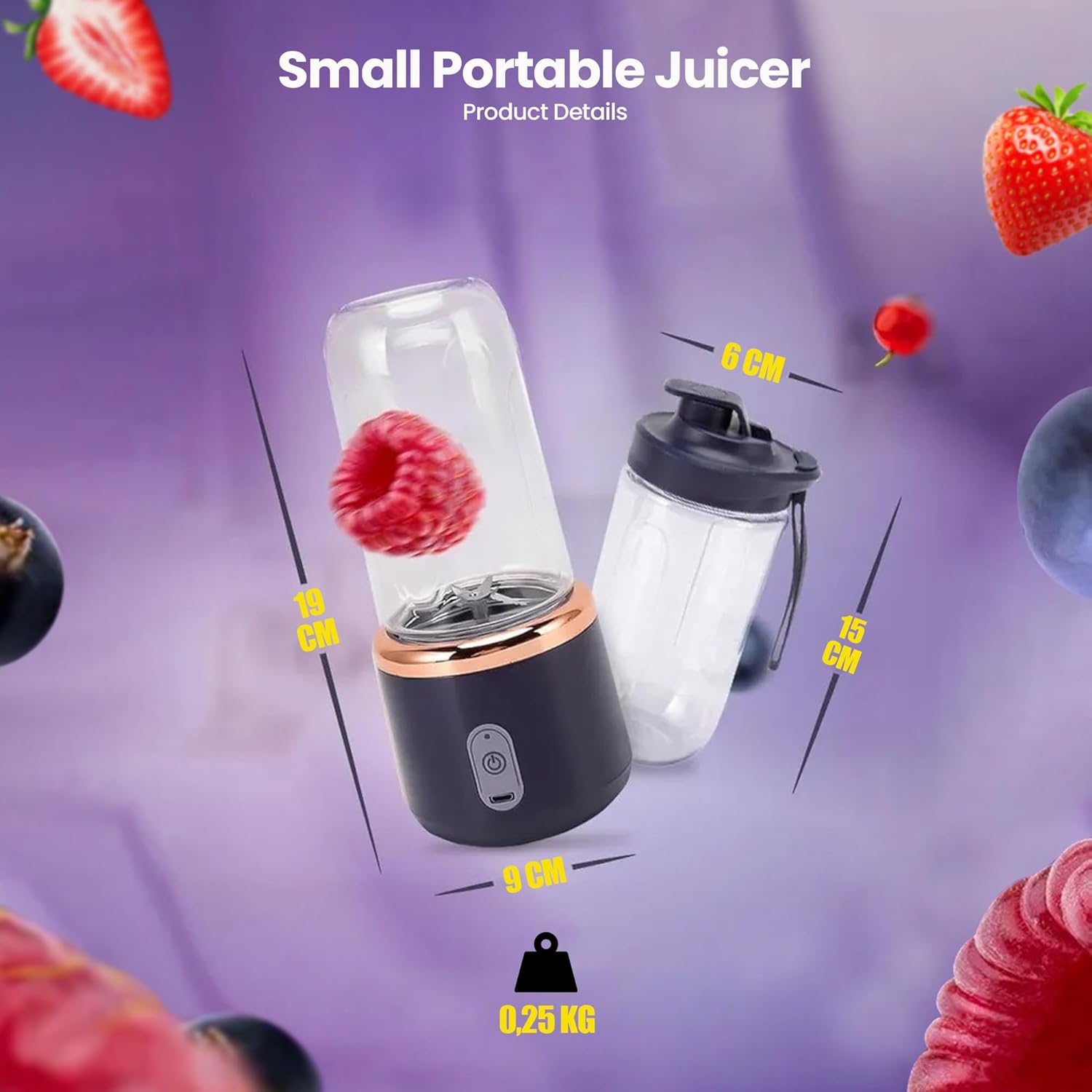 Regalosonline Mini Personal and Portable Hand Blender for Smoothies, Juices, Protein, Fruits, and Vegetables with 6 Blades + 2 Cups to go anywhere - USB Rechargeable!