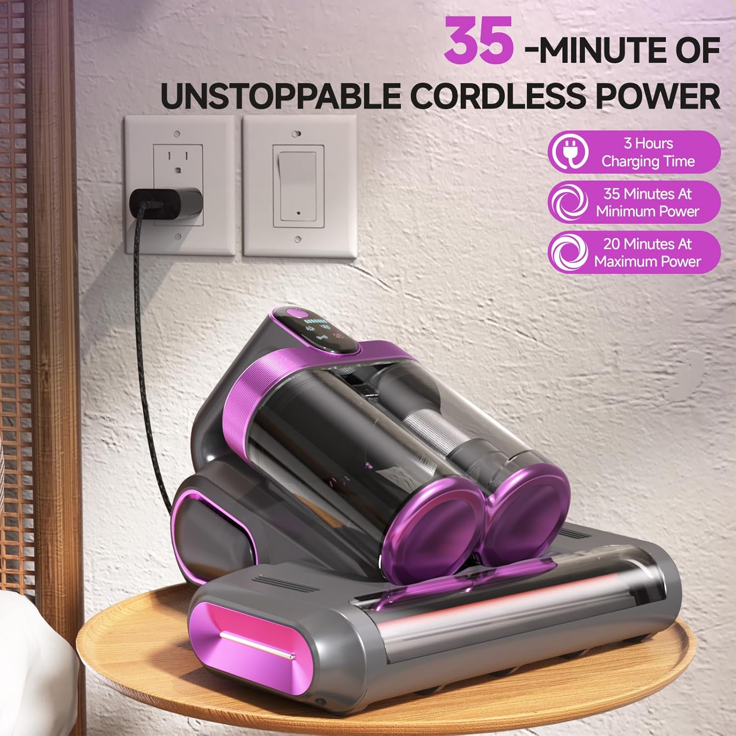 Mattress Vacuum Cleaner - 16Kpa Bed Vacuum with 253.7nm UV-C Light, 140°F Heat, Ultrasonic Tech & Hepa Filter, Portable Handheld Couch Cleaners for Pet Carpet Sofa Hair Home (Purple-Cordless)
