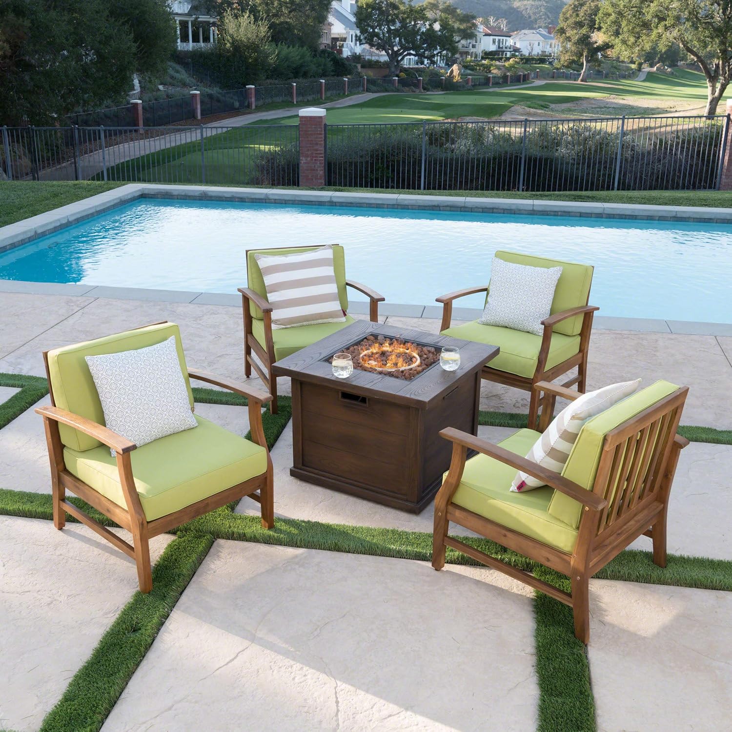 GDFStudio Noble House Havana 5 Piece Outdoor Acacia Wood Chair and Firepit Set in Green